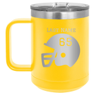 Personalized yellow 15 oz vacuum insulated coffee mug with 'Football Helmet' design