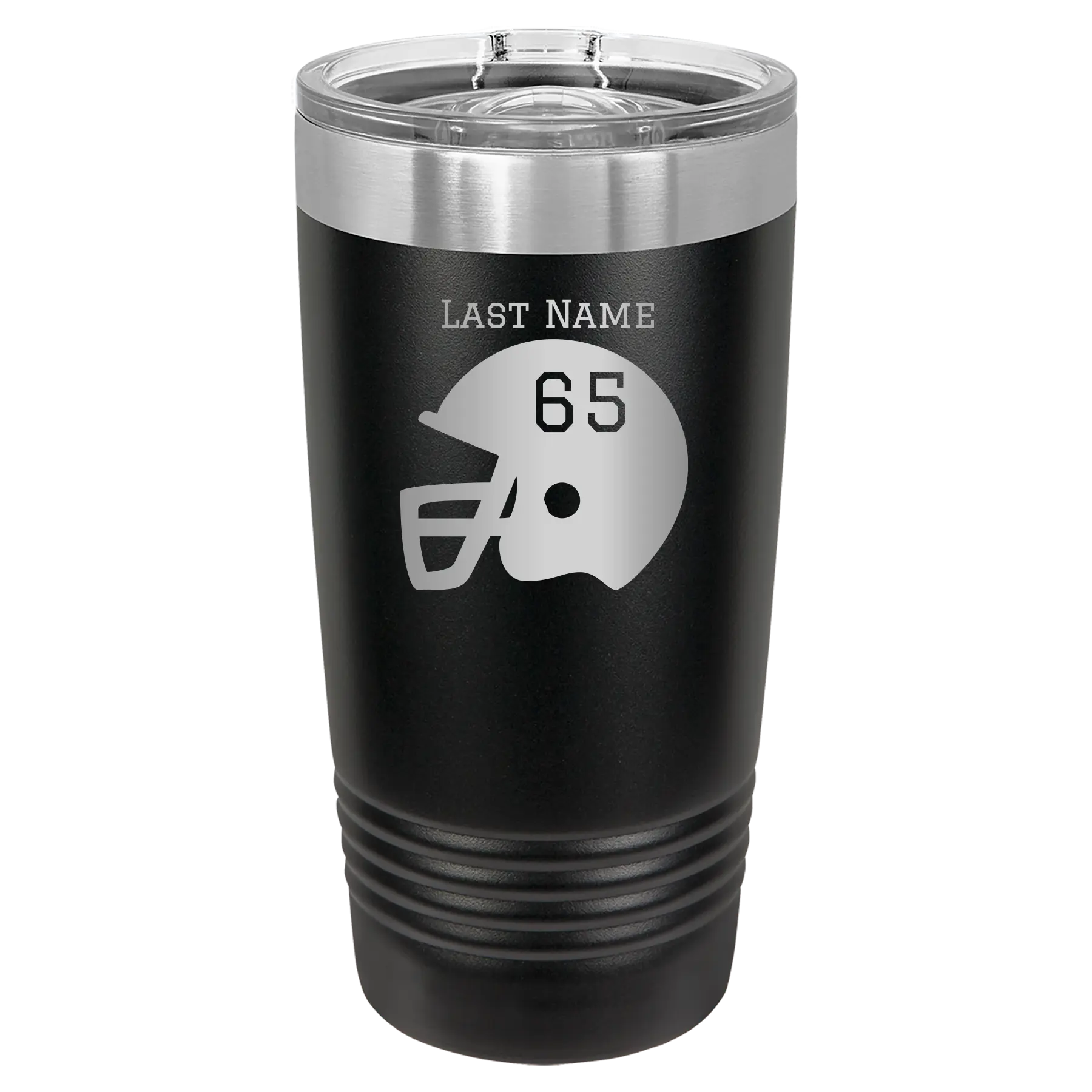 Personalized black 20 oz vacuum insulated tumbler with 'Football Helmet' design