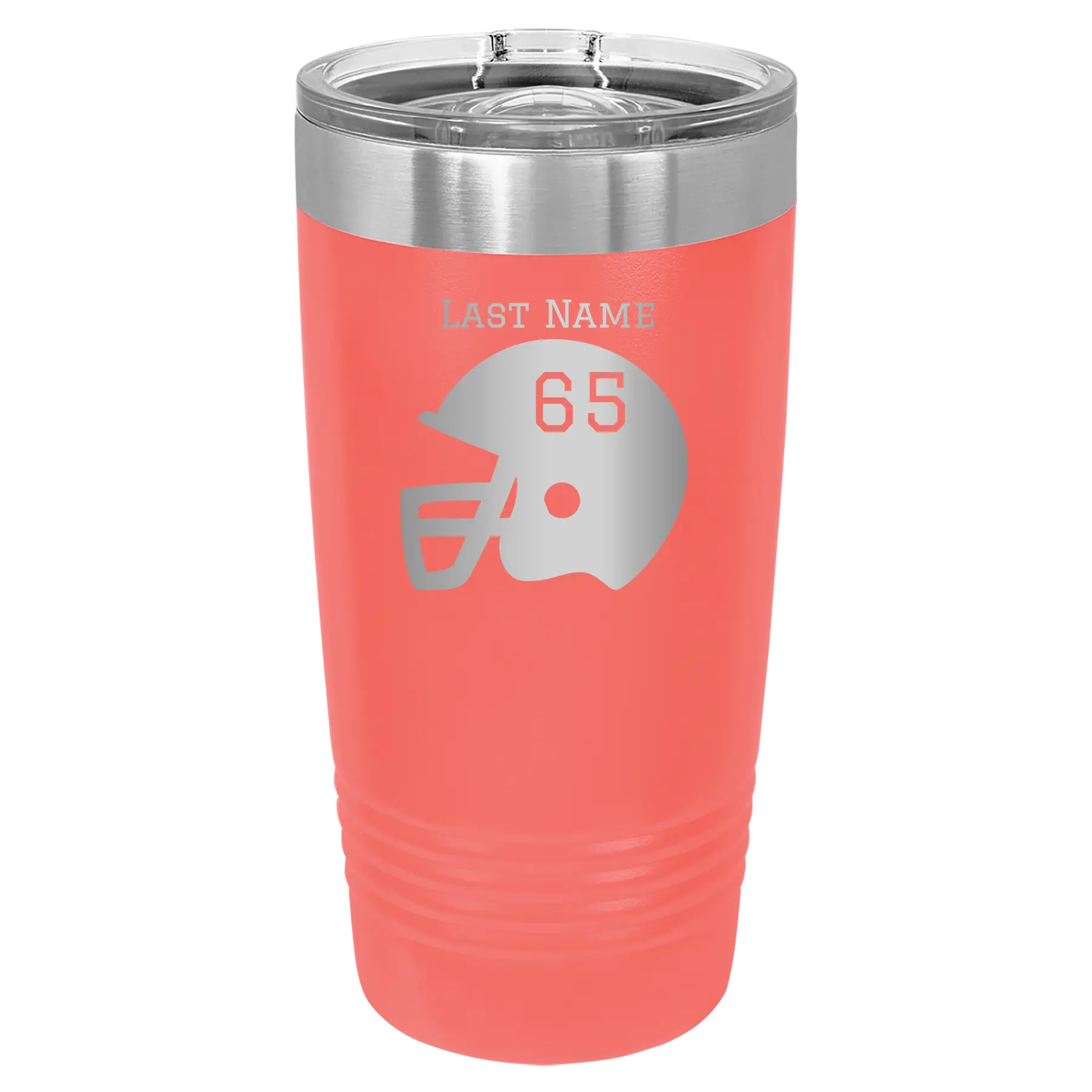Personalized coral 20 oz vacuum insulated tumbler with 'Football Helmet' design