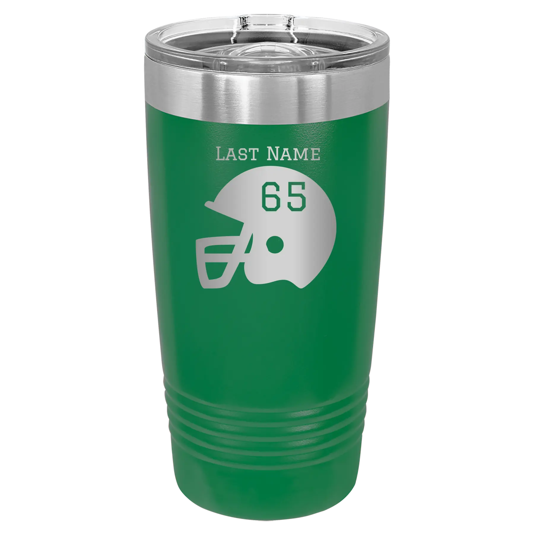 Personalized green 20 oz vacuum insulated tumbler with 'Football Helmet' design