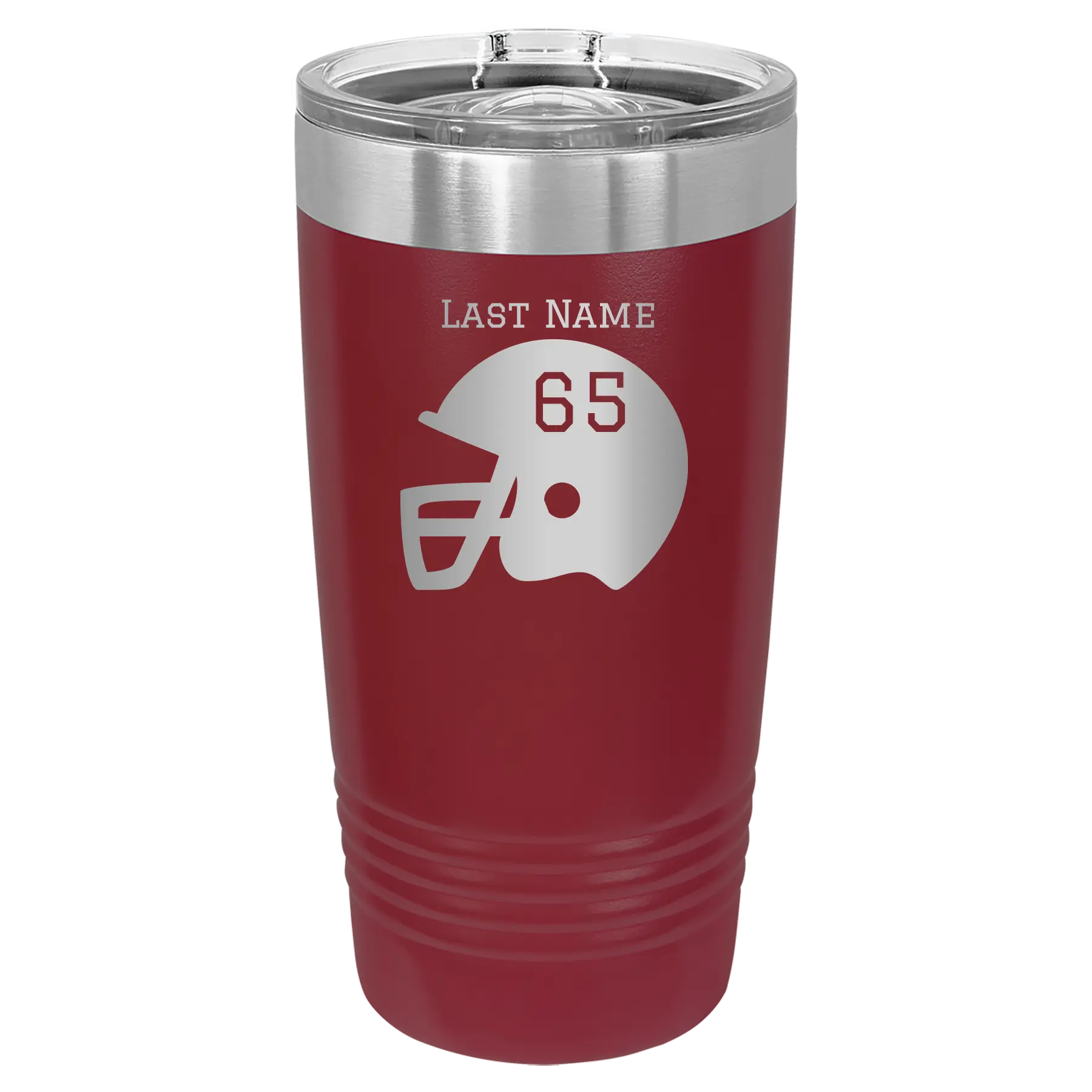 Personalized maroon 20 oz vacuum insulated tumbler with 'Football Helmet' design
