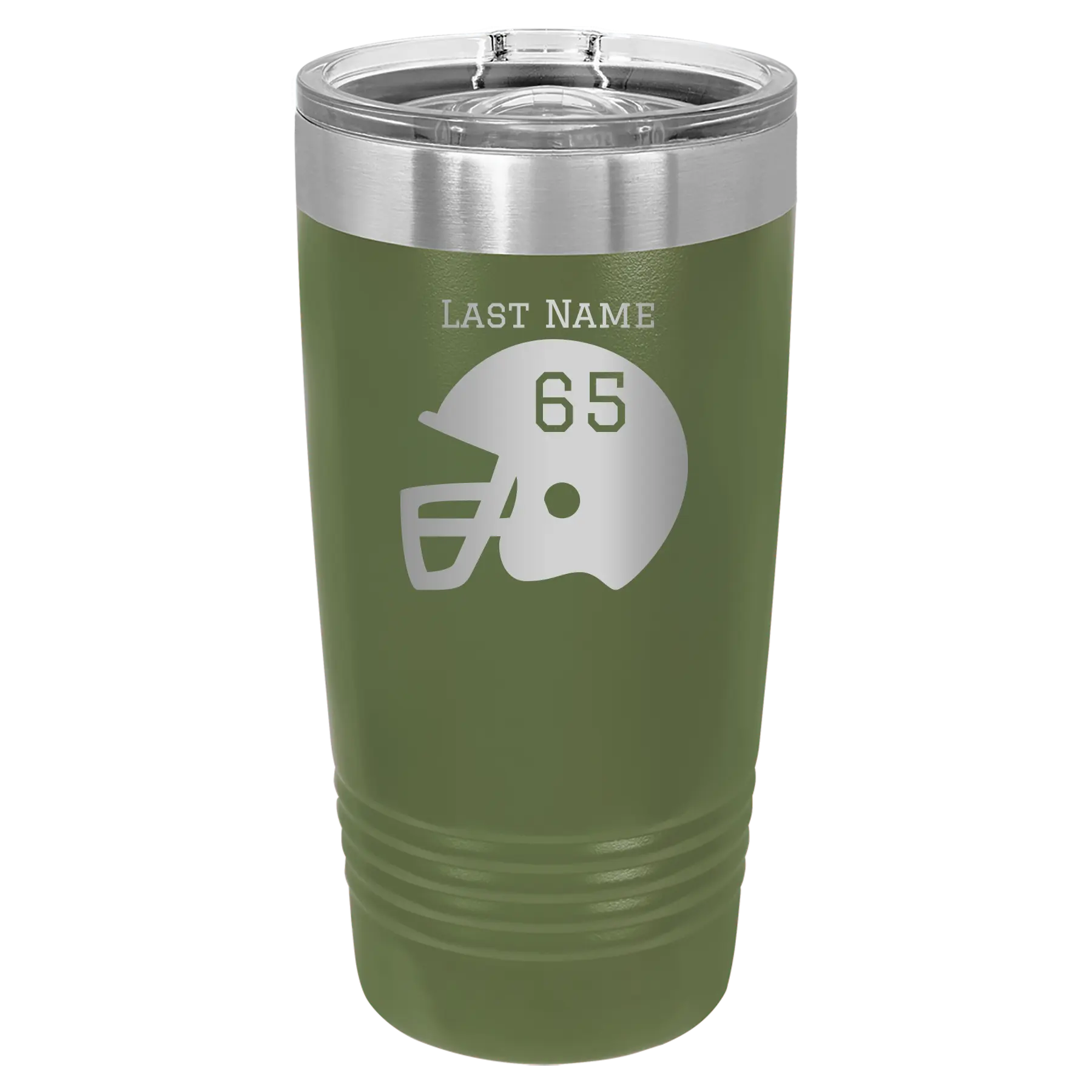 Personalized olive green 20 oz vacuum insulated tumbler with 'Football Helmet' design