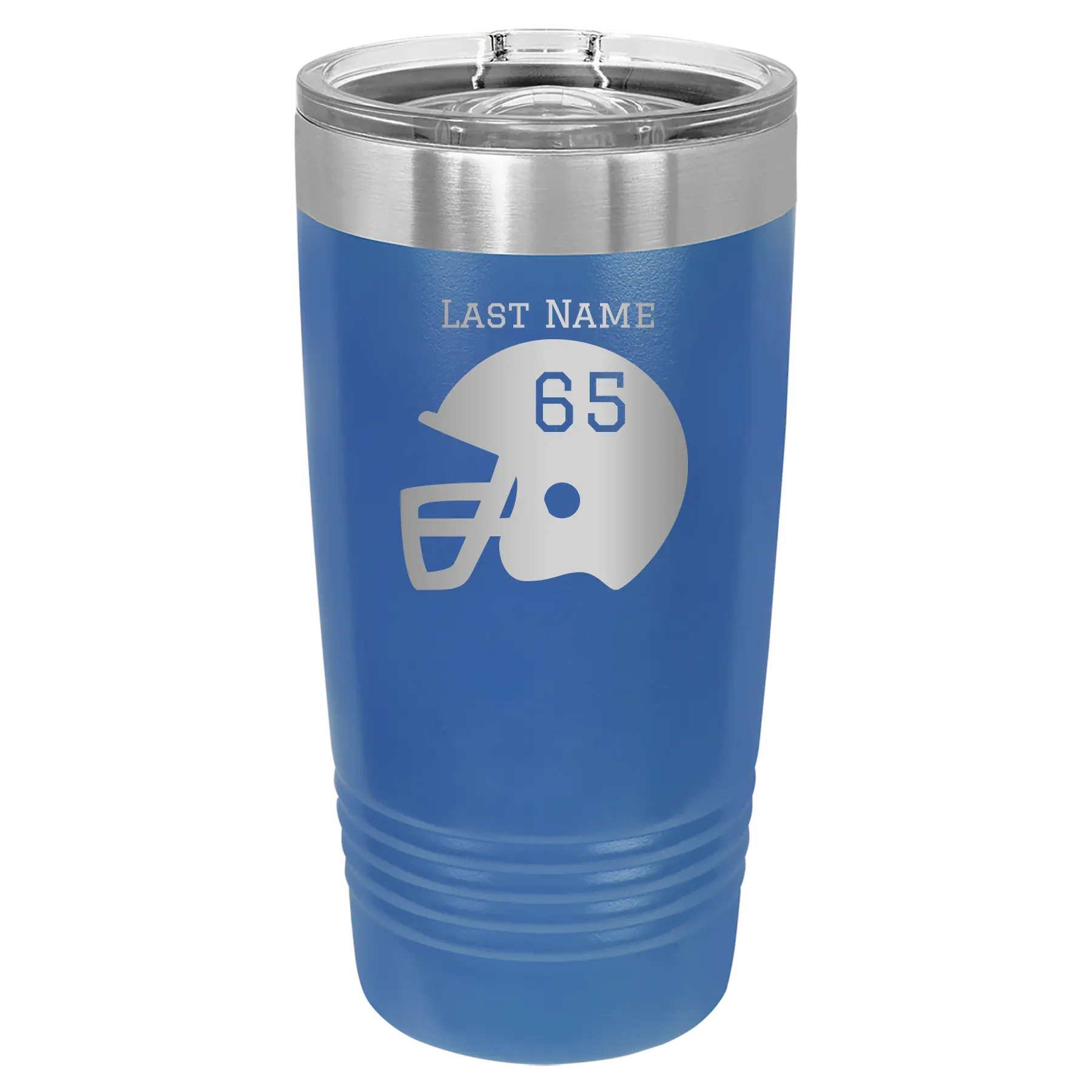 Personalized royal blue 20 oz vacuum insulated tumbler with 'Football Helmet' design