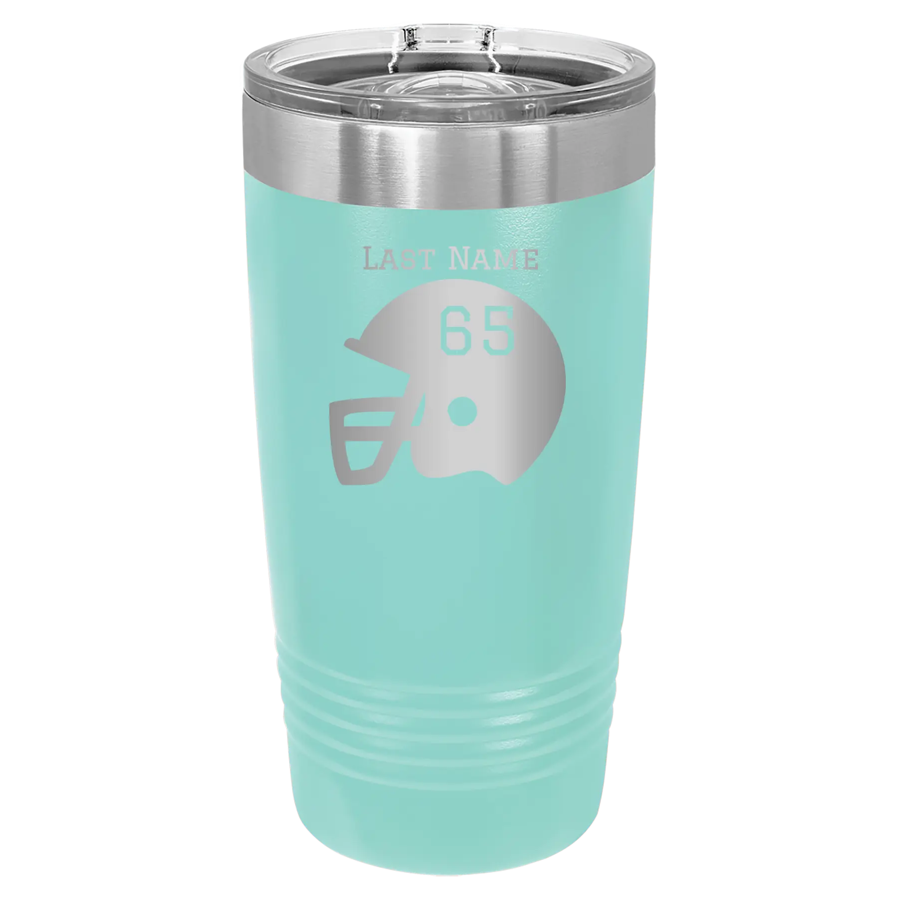 Personalized teal 20 oz vacuum insulated tumbler with 'Football Helmet' design