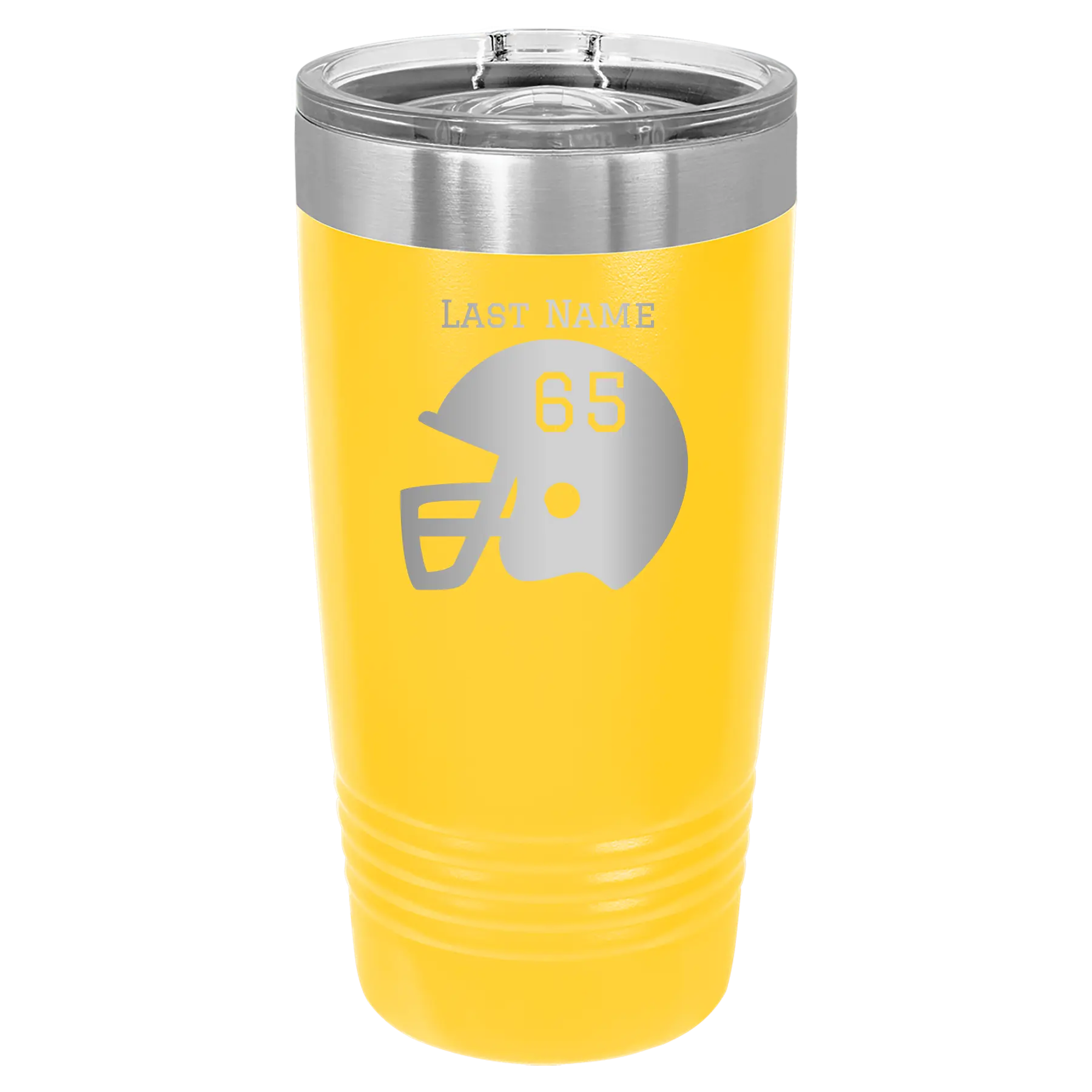 Personalized yellow 20 oz vacuum insulated tumbler with 'Football Helmet' design