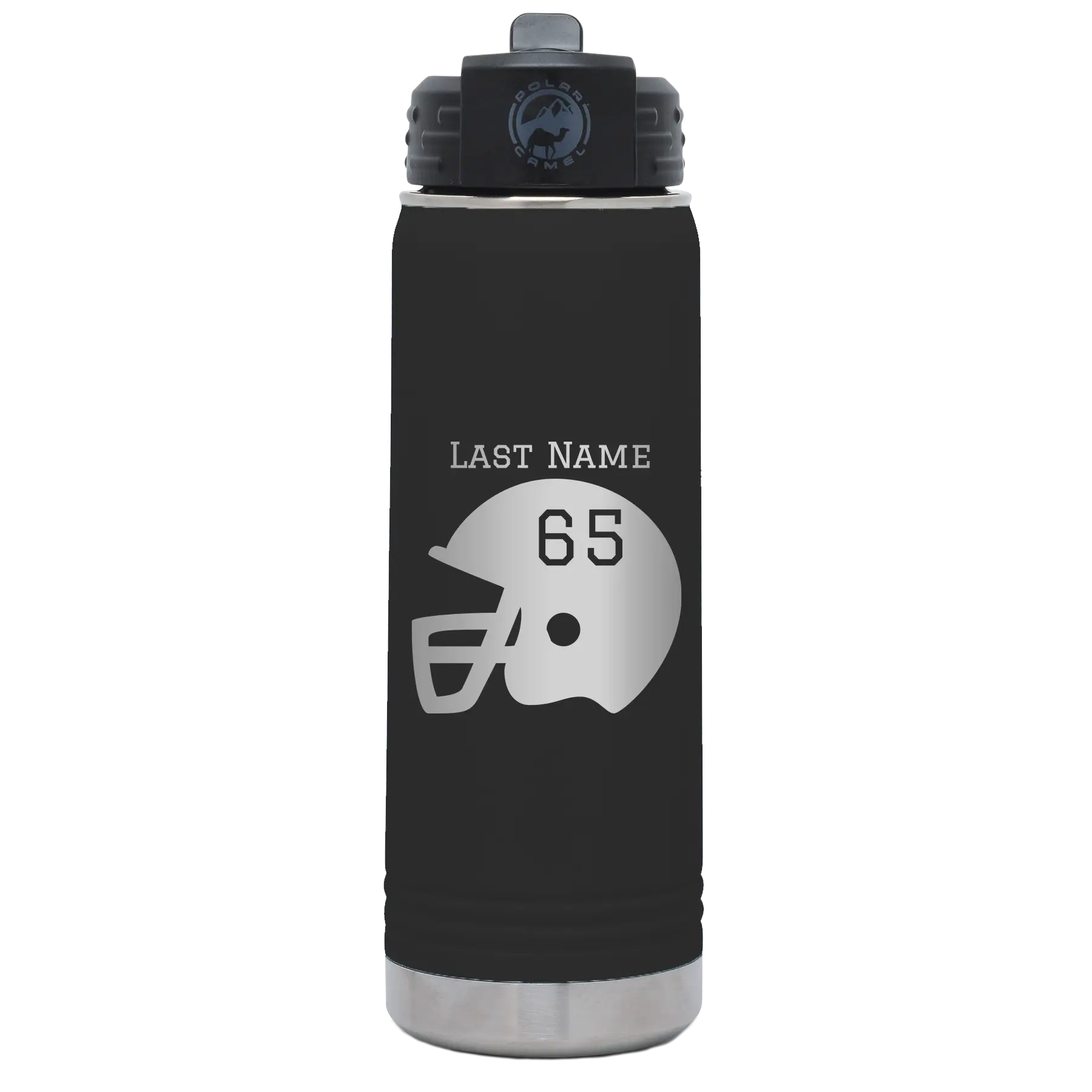 Personalized black 20 oz vacuum insulated water bottle with 'Football Helmet' design