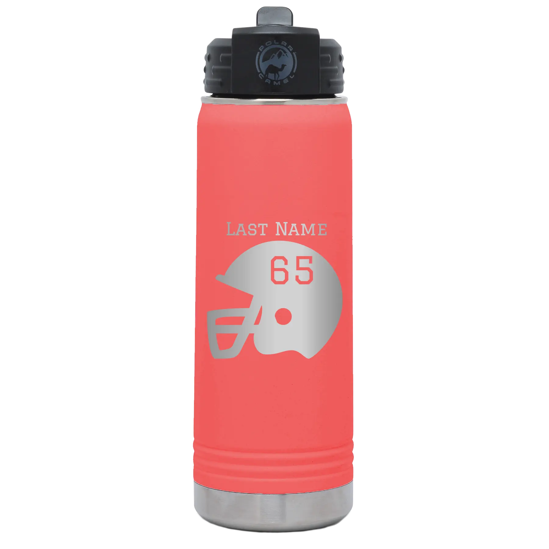 Personalized coral 20 oz vacuum insulated water bottle with 'Football Helmet' design
