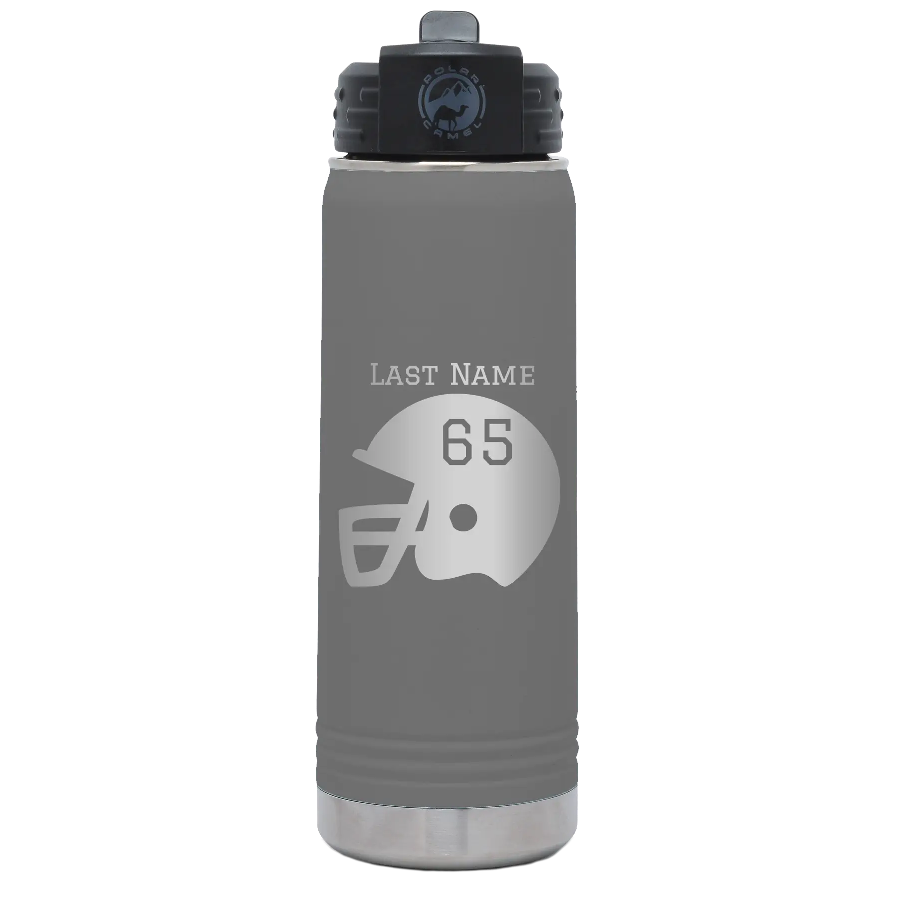 Personalized dark gray 20 oz vacuum insulated water bottle with 'Football Helmet' design