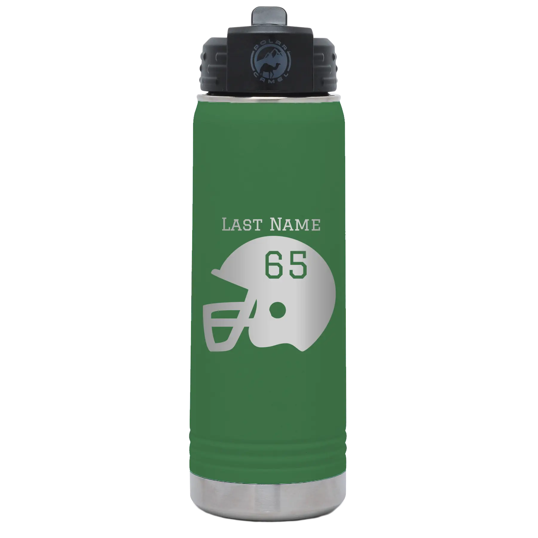 Personalized green 20 oz vacuum insulated water bottle with 'Football Helmet' design