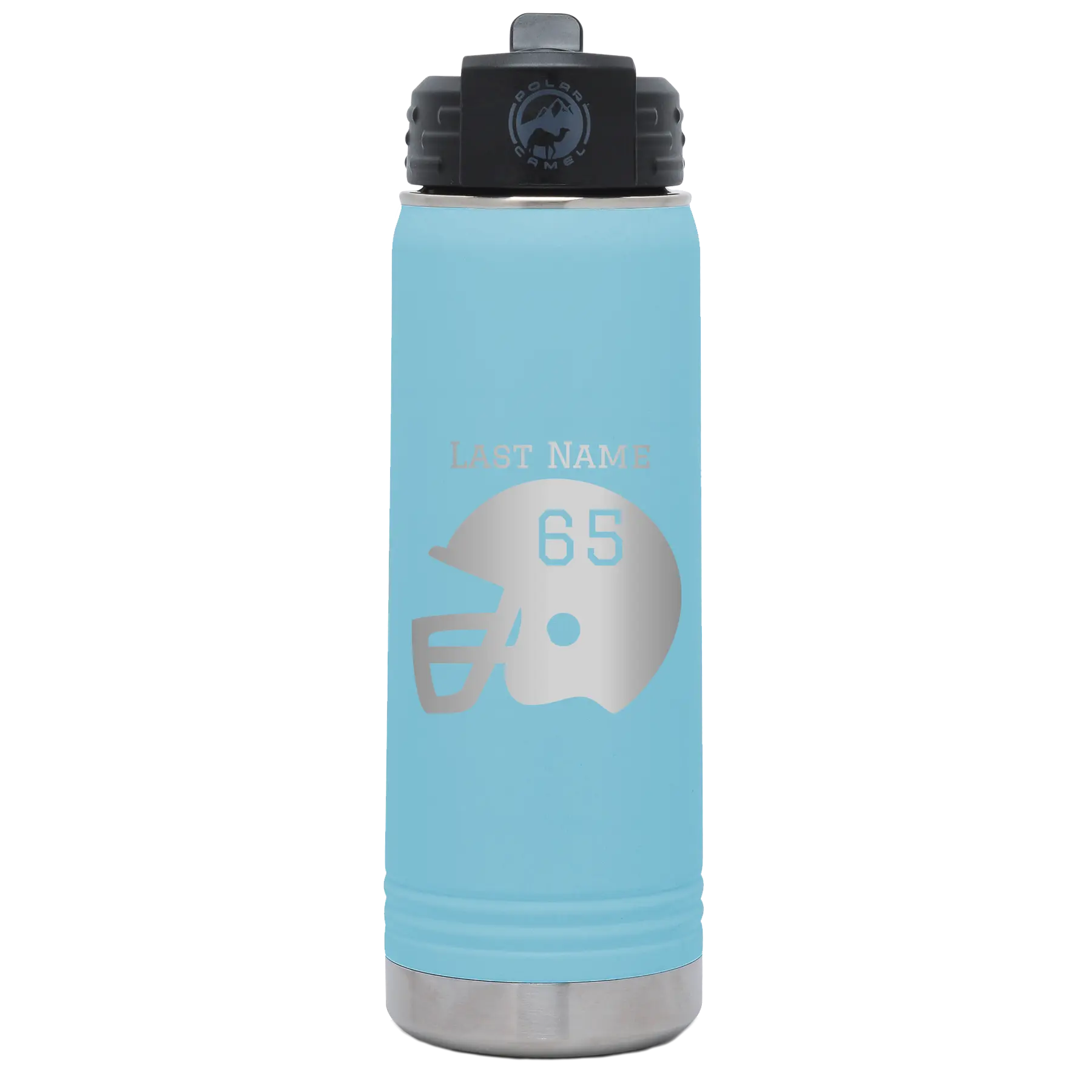 Personalized light blue 20 oz vacuum insulated water bottle with 'Football Helmet' design