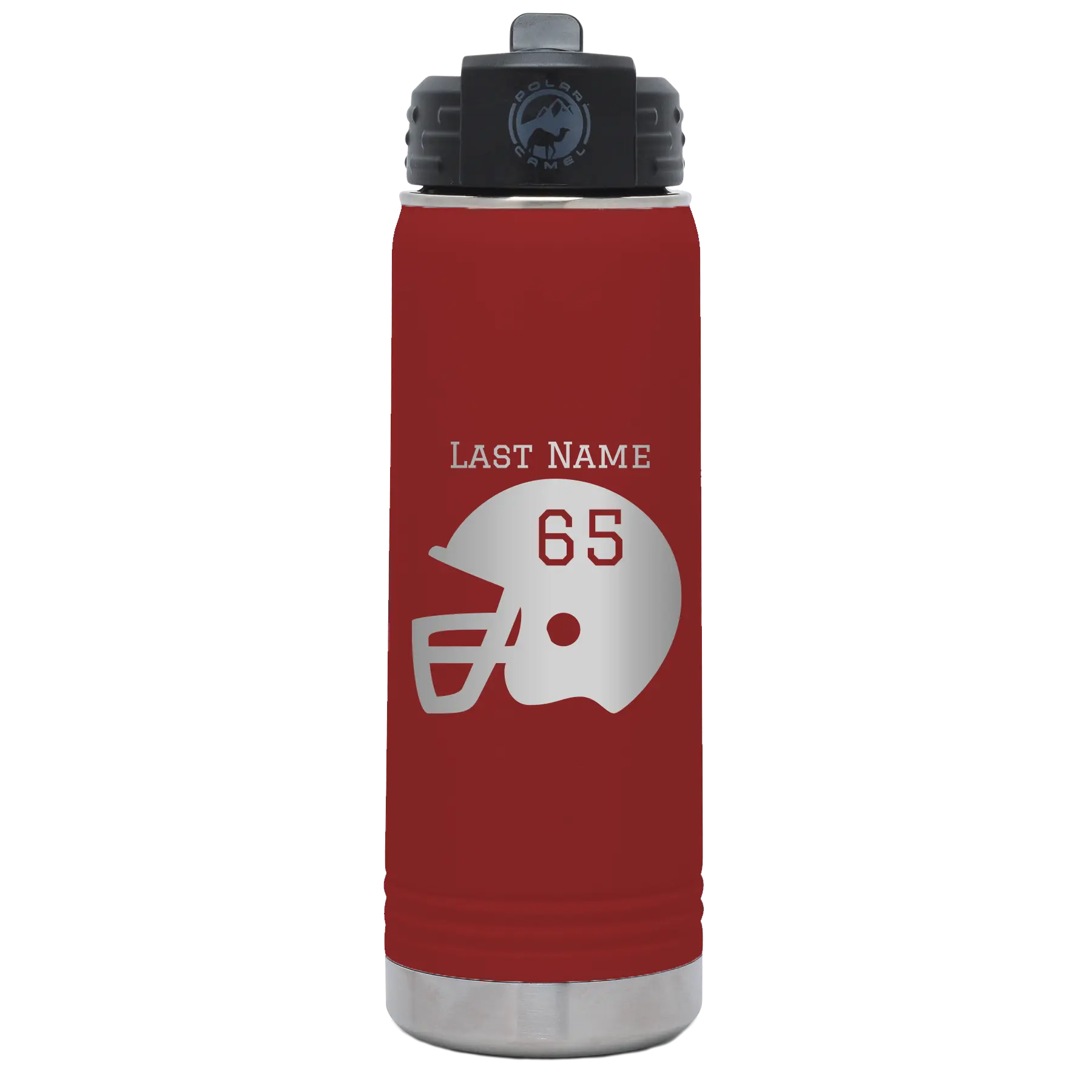 Personalized maroon 20 oz vacuum insulated water bottle with 'Football Helmet' design