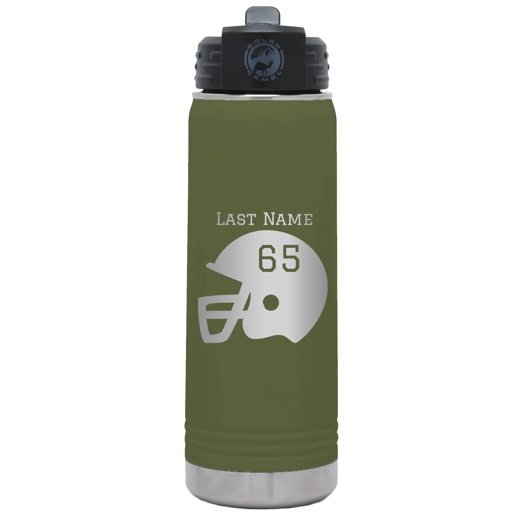 Personalized olive green 20 oz vacuum insulated water bottle with 'Football Helmet' design