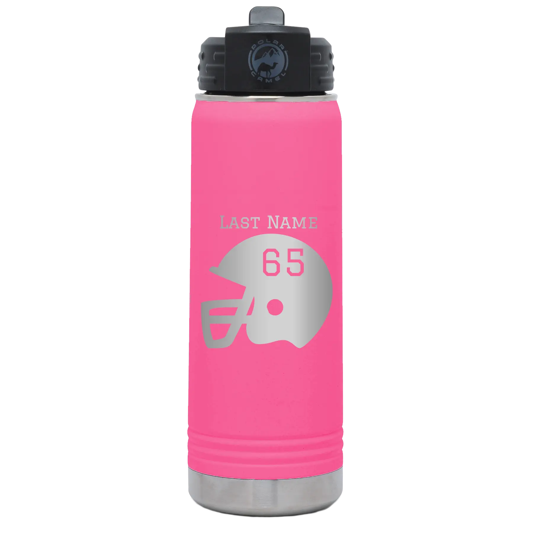 Personalized pink 20 oz vacuum insulated water bottle with 'Football Helmet' design