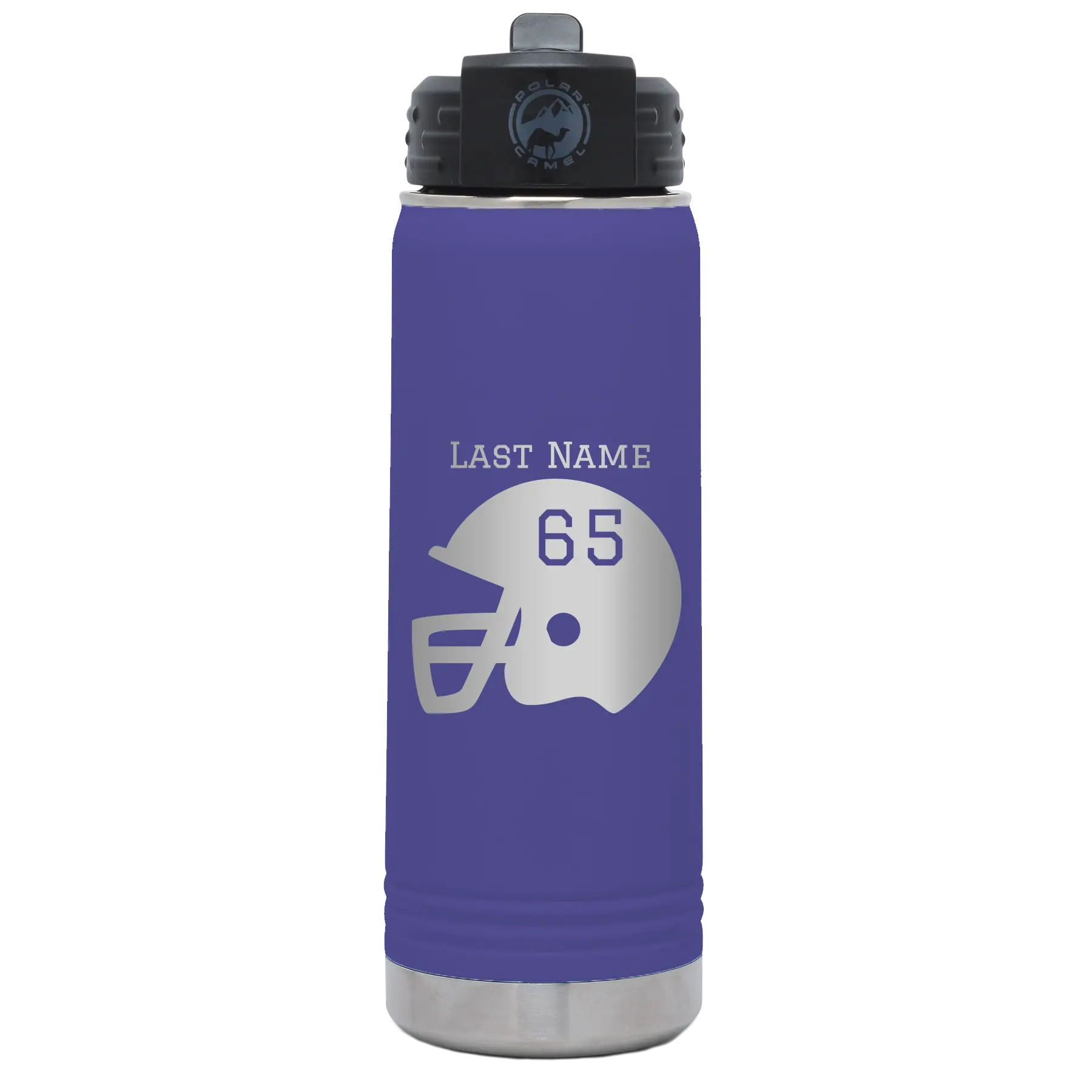 Personalized purple 20 oz vacuum insulated water bottle with 'Football Helmet' design