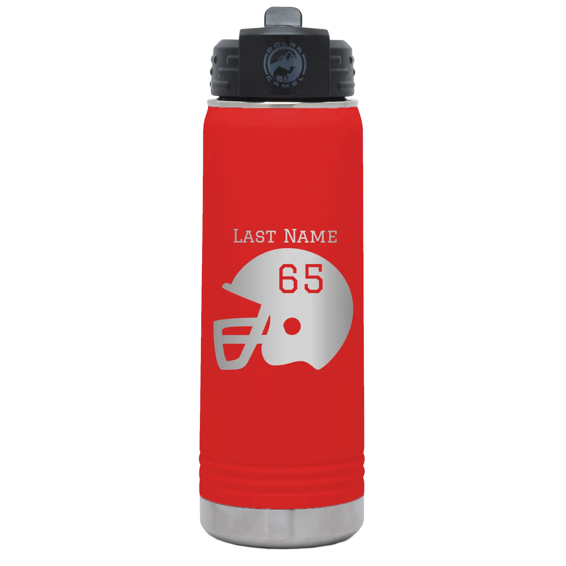 Personalized red 20 oz vacuum insulated water bottle with 'Football Helmet' design