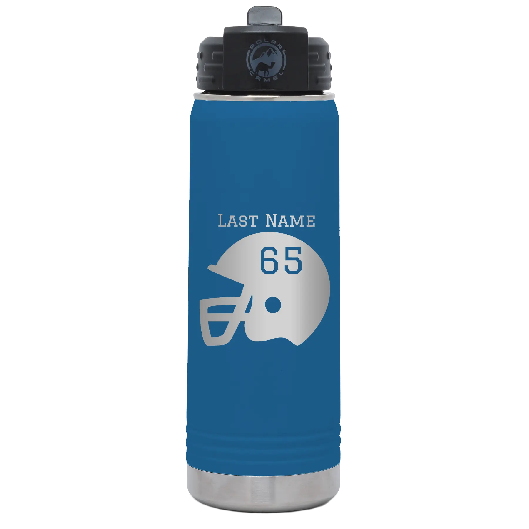Personalized royal blue 20 oz vacuum insulated water bottle with 'Football Helmet' design