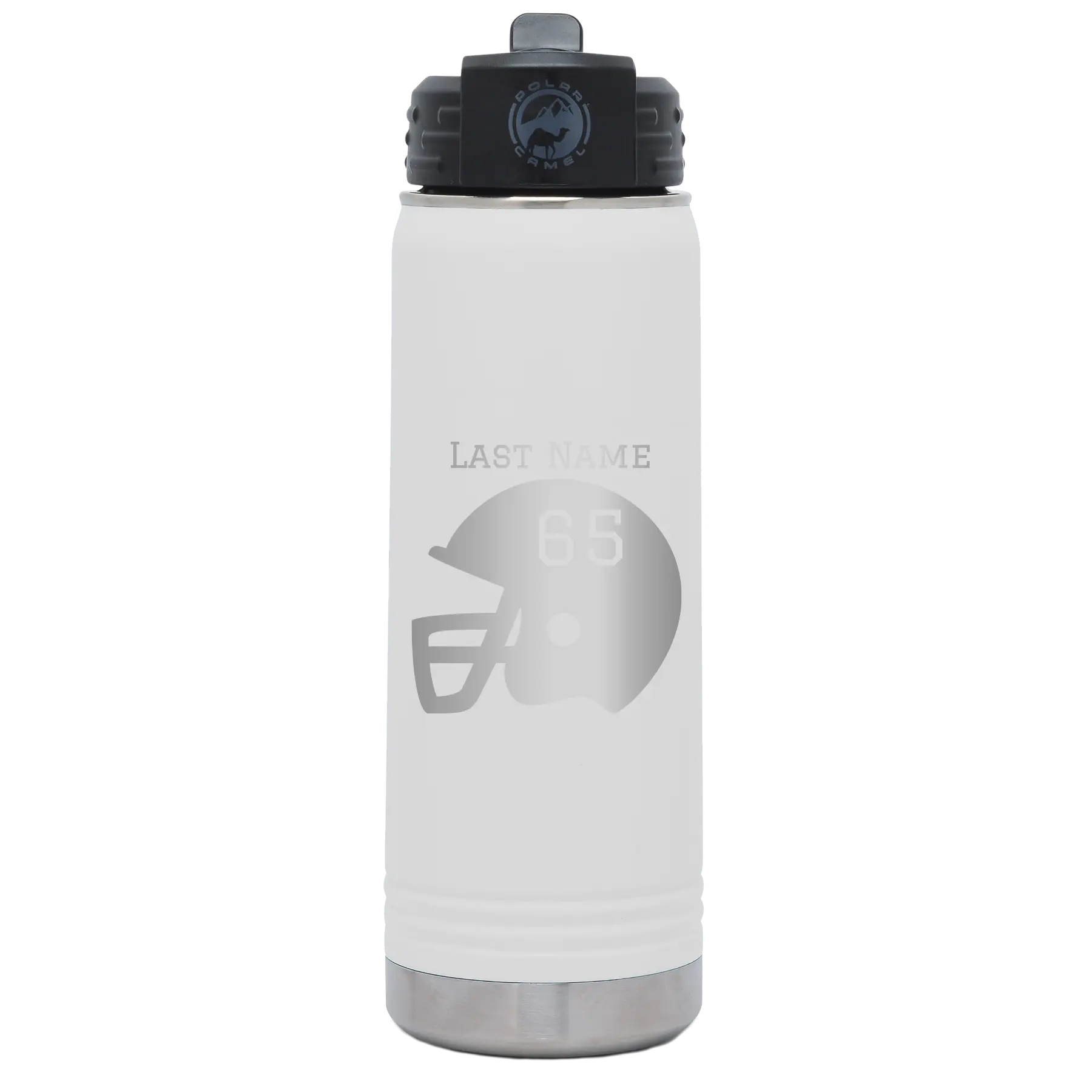 Personalized white 20 oz vacuum insulated water bottle with 'Football Helmet' design