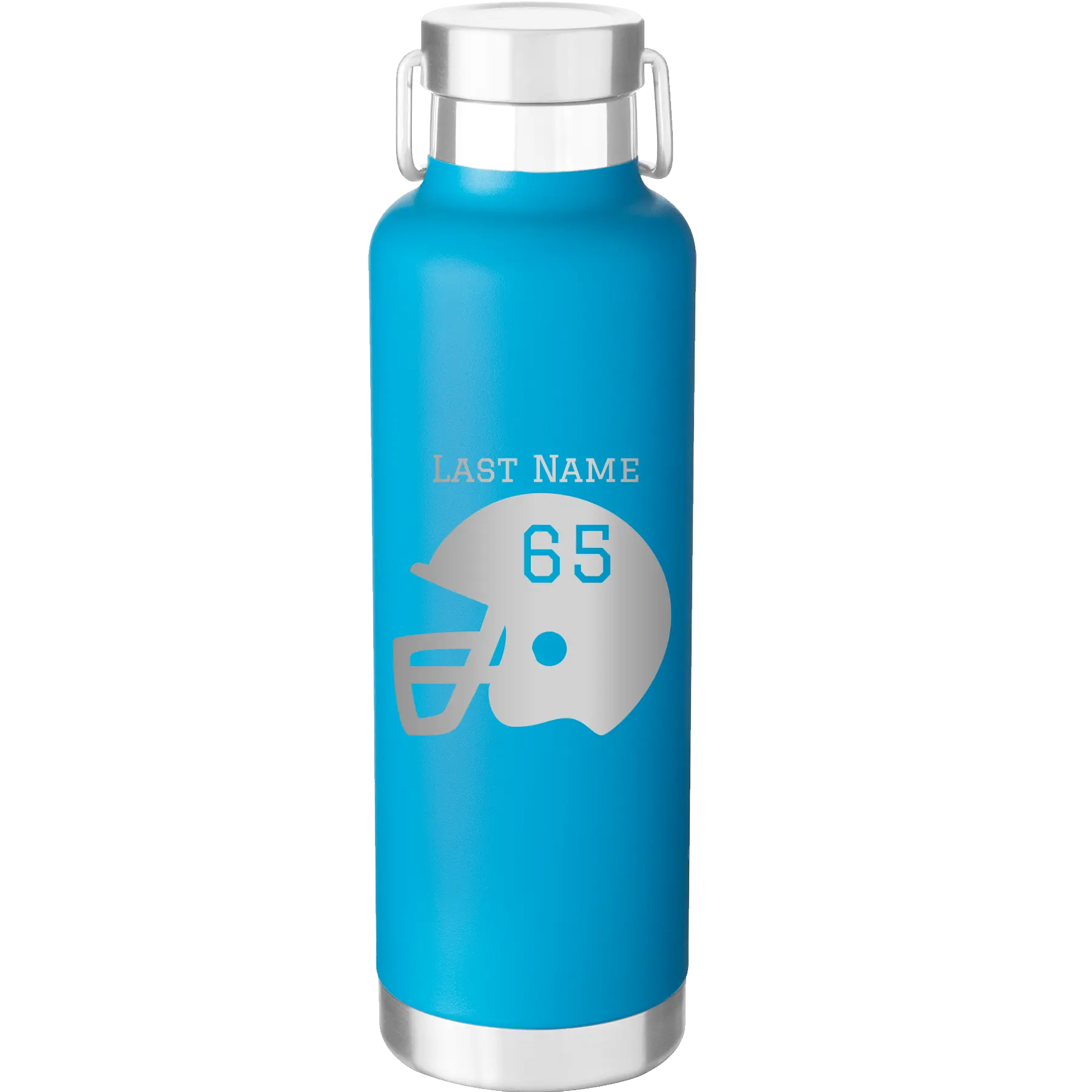 Personalized aqua 24 oz vacuum insulated water bottle with 'Football Helmet' design