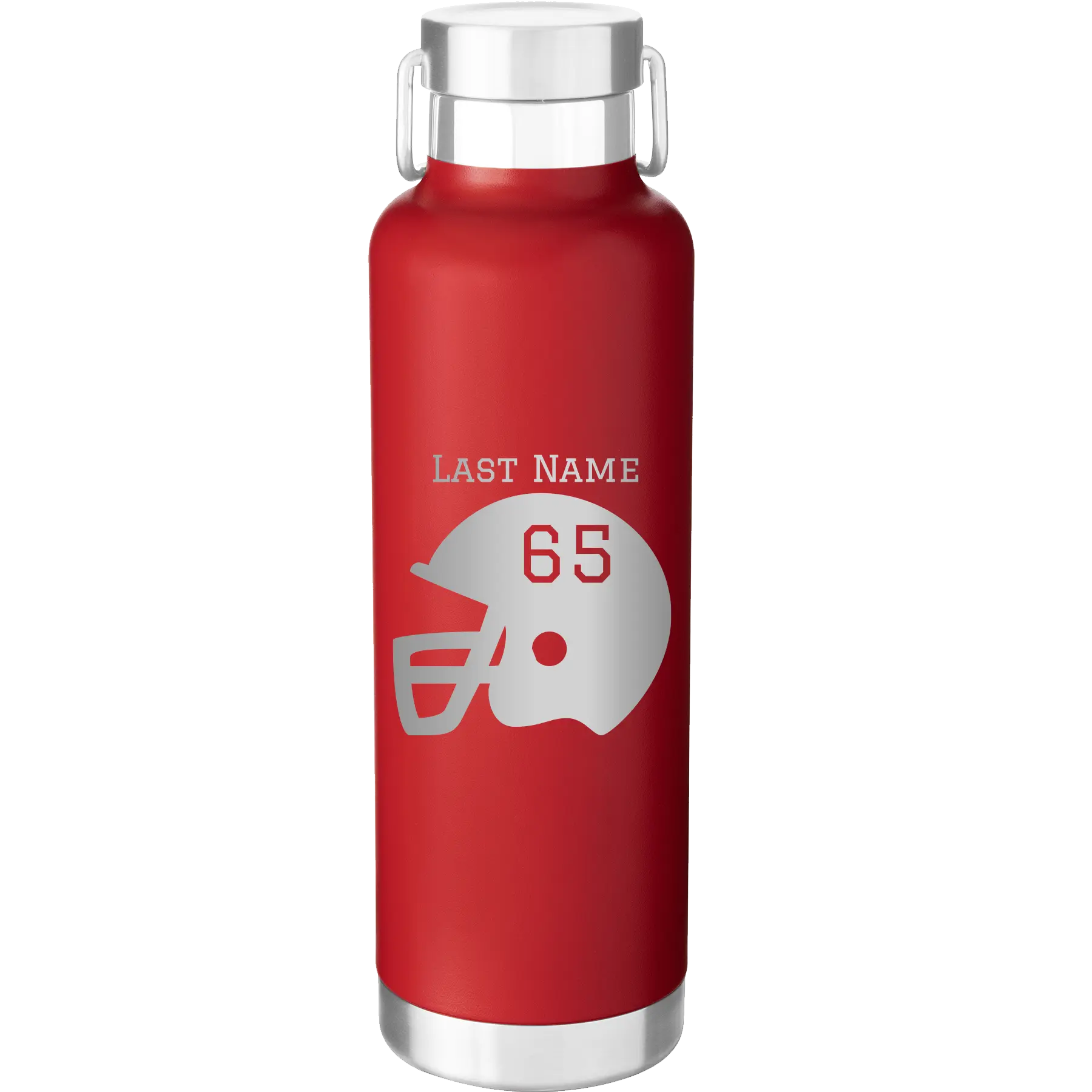 Personalized red 24 oz vacuum insulated water bottle with 'Football Helmet' design