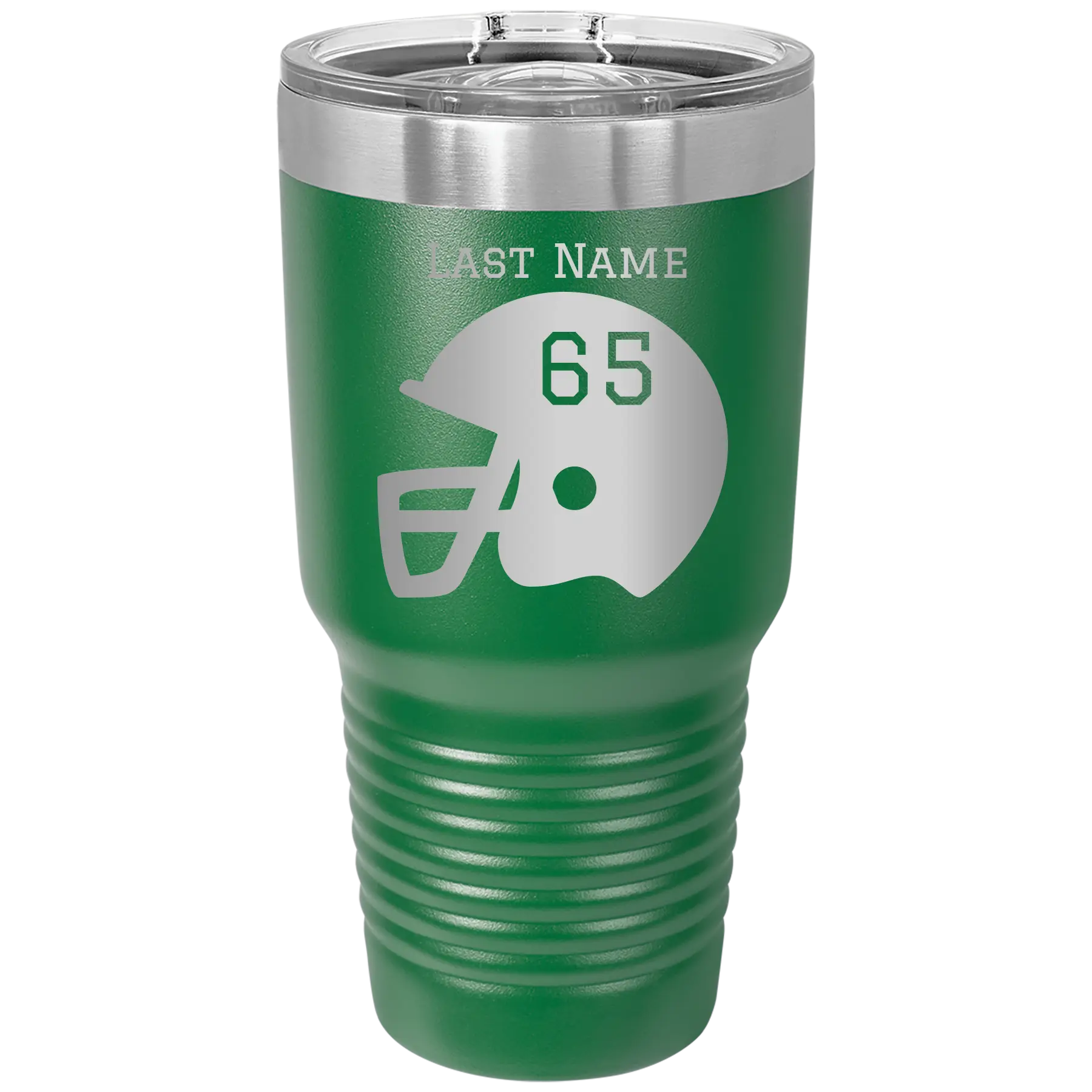 Personalized green 30 oz vacuum insulated tumbler with 'Football Helmet' design