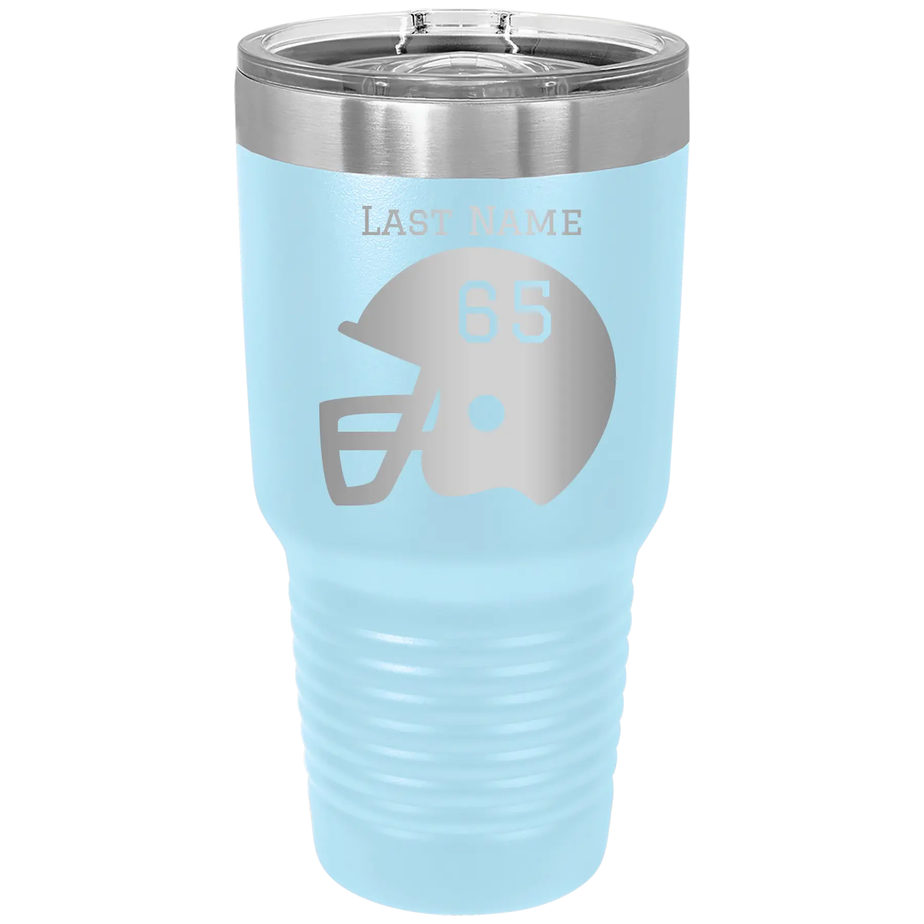 Personalized light blue 30 oz vacuum insulated tumbler with 'Football Helmet' design