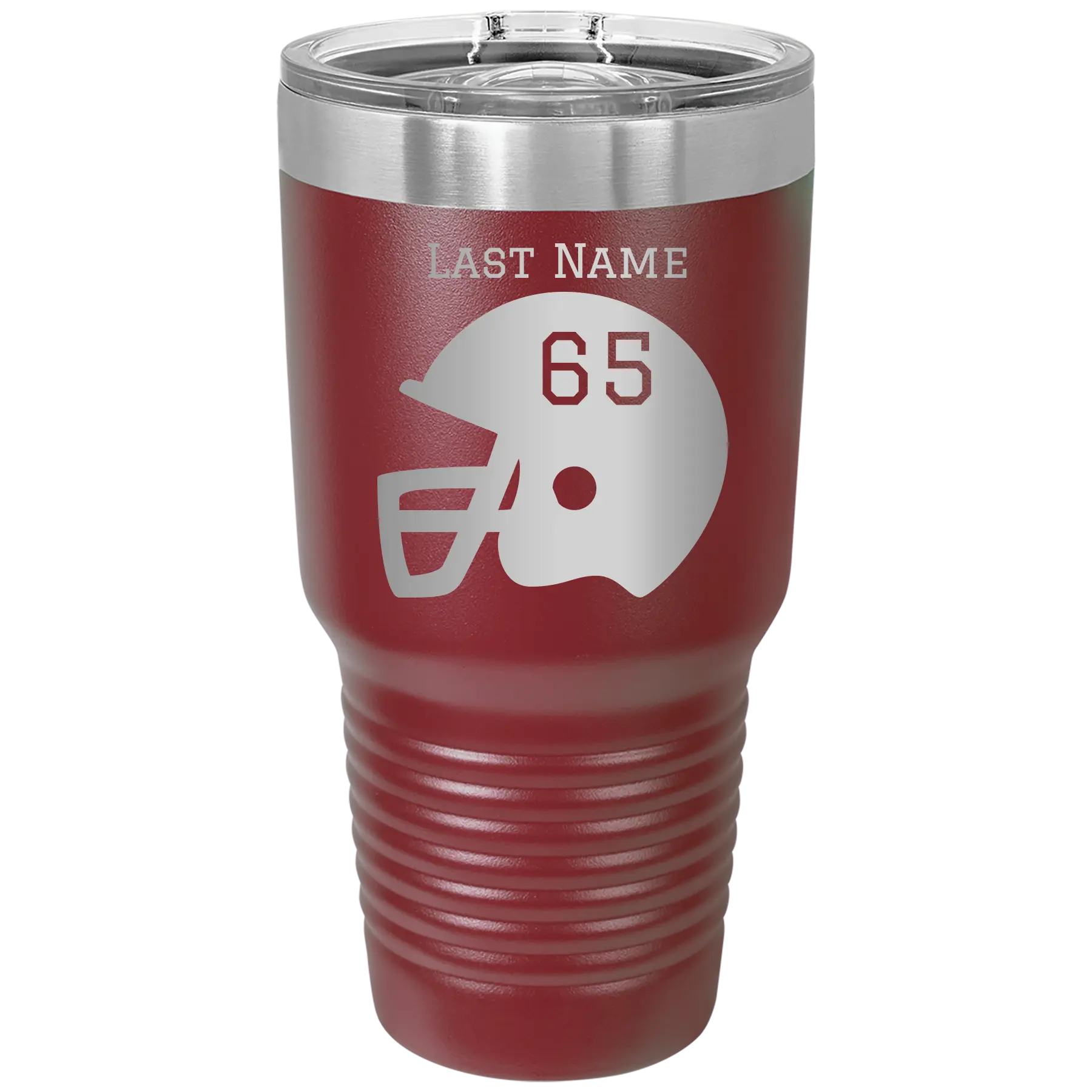 Personalized maroon 30 oz vacuum insulated tumbler with 'Football Helmet' design