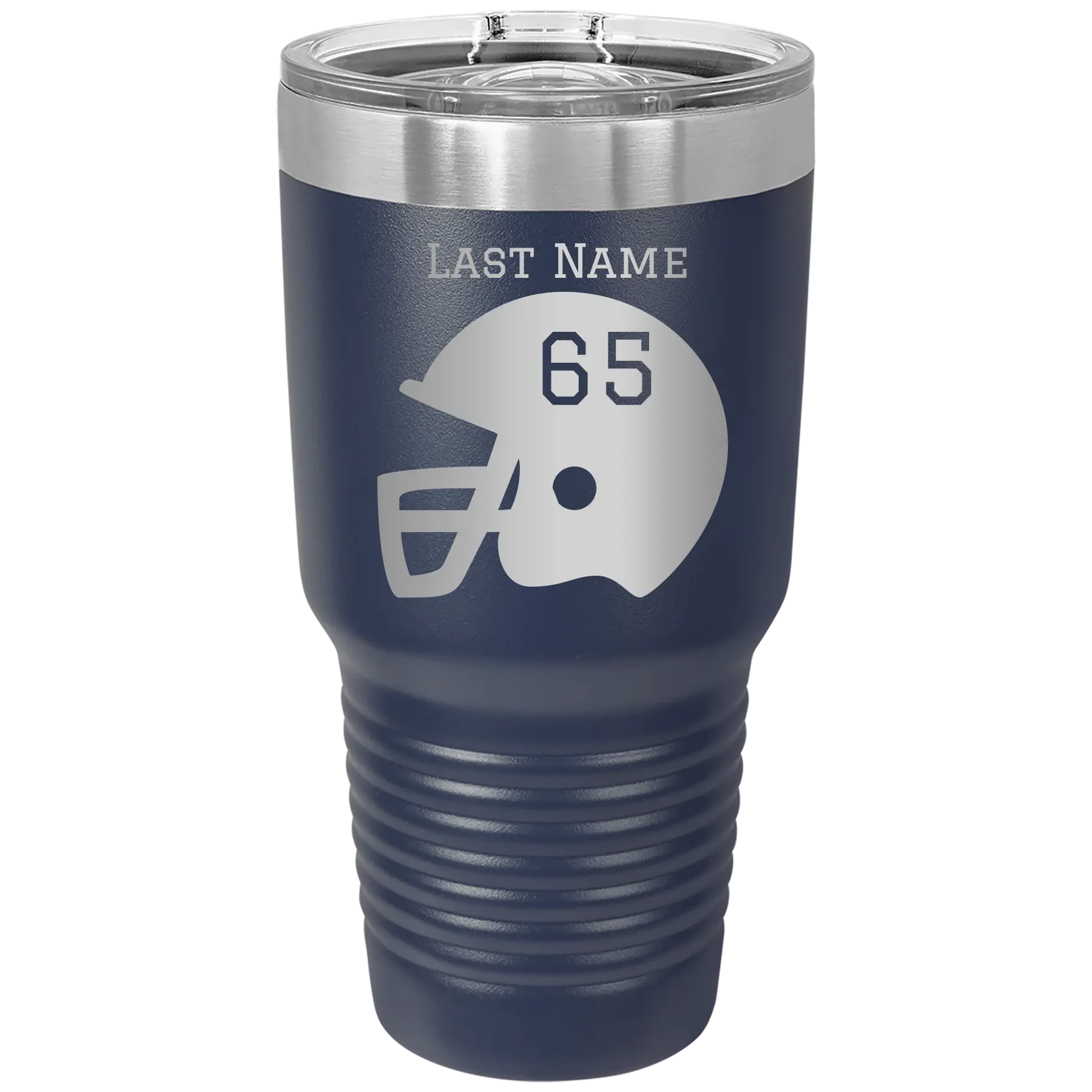 Personalized navy 30 oz vacuum insulated tumbler with 'Football Helmet' design