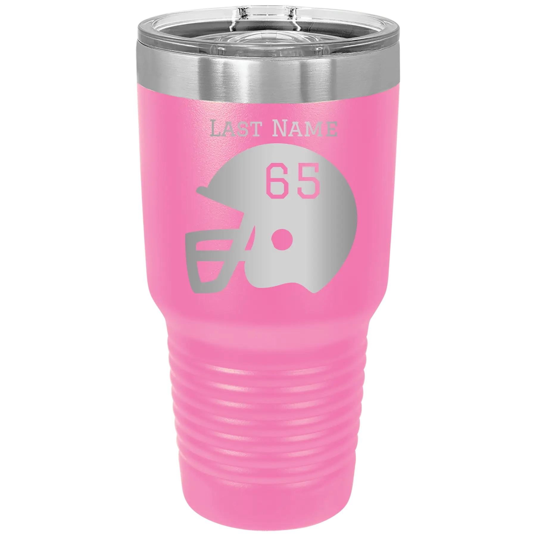 Personalized pink 30 oz vacuum insulated tumbler with 'Football Helmet' design