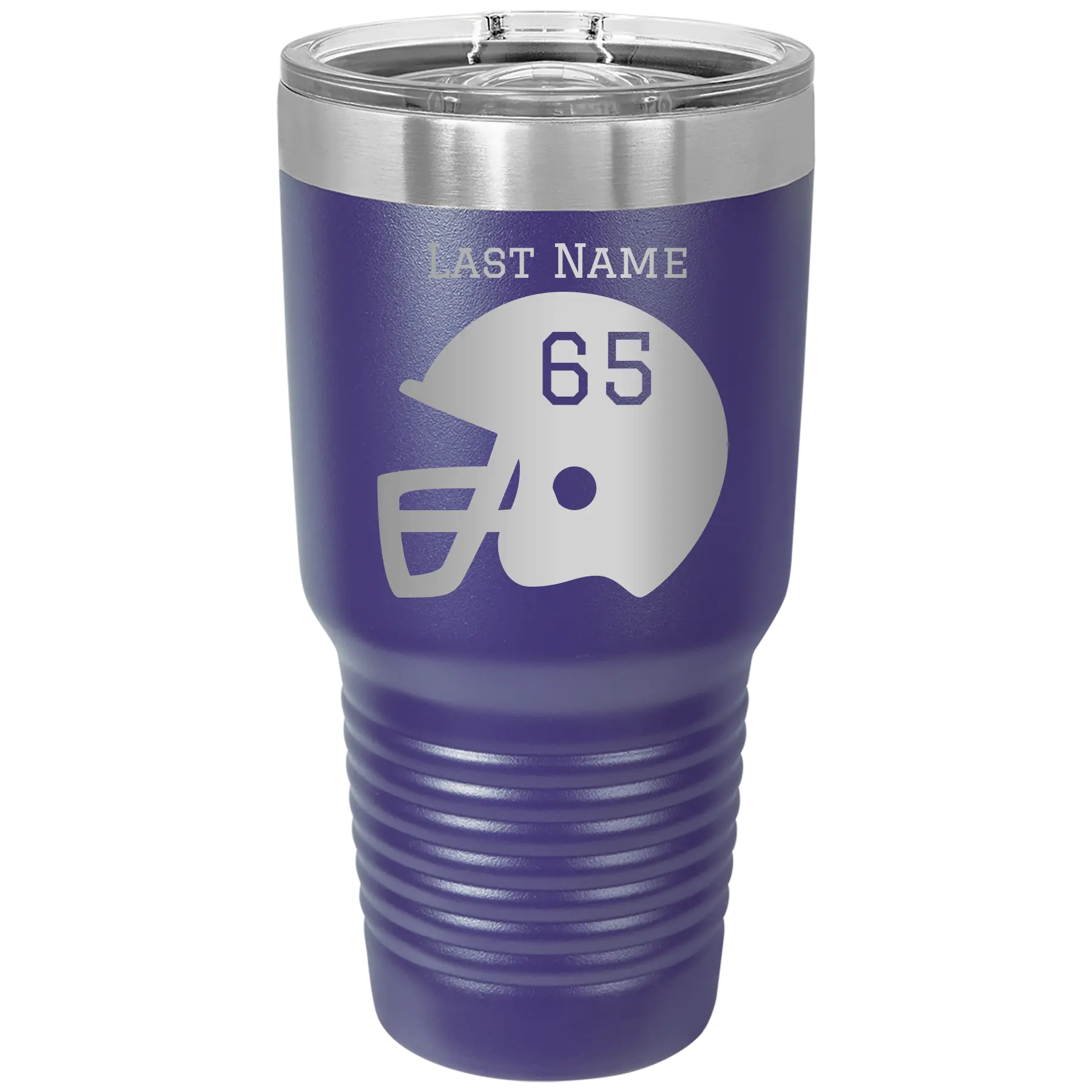 Personalized purple 30 oz vacuum insulated tumbler with 'Football Helmet' design
