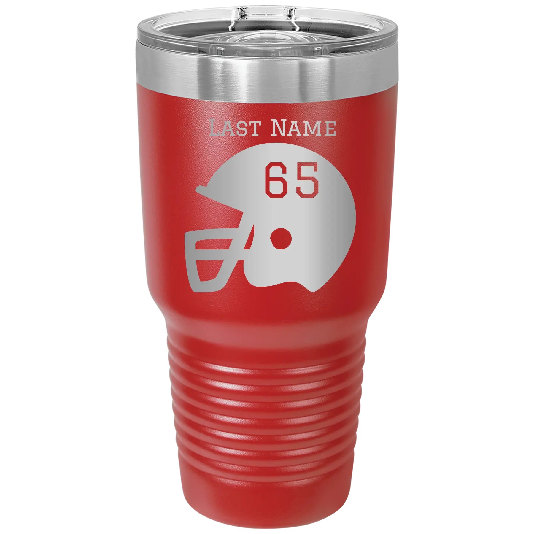 Personalized red 30 oz vacuum insulated tumbler with 'Football Helmet' design