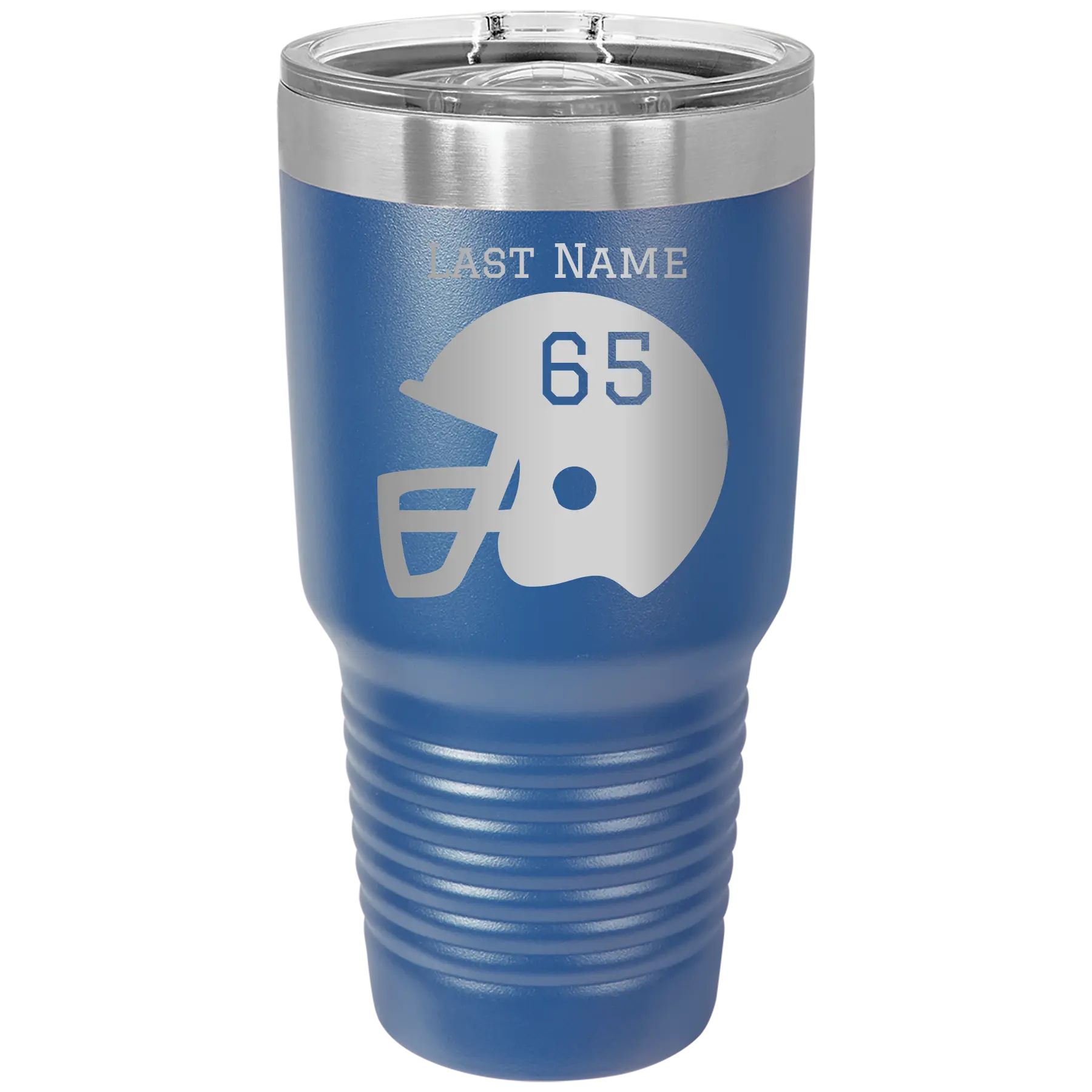 Personalized royal blue 30 oz vacuum insulated tumbler with 'Football Helmet' design