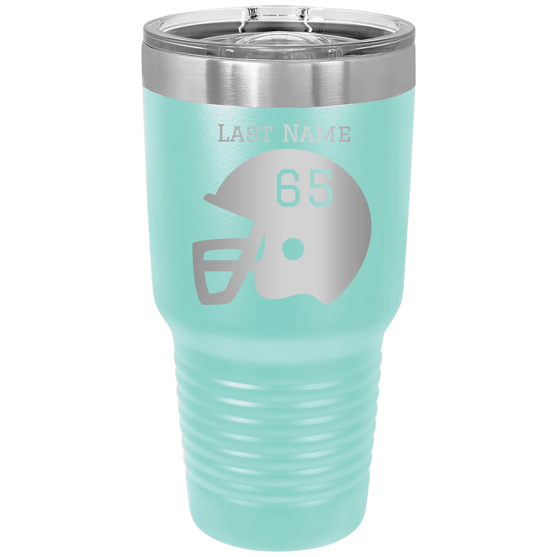 Personalized teal 30 oz vacuum insulated tumbler with 'Football Helmet' design