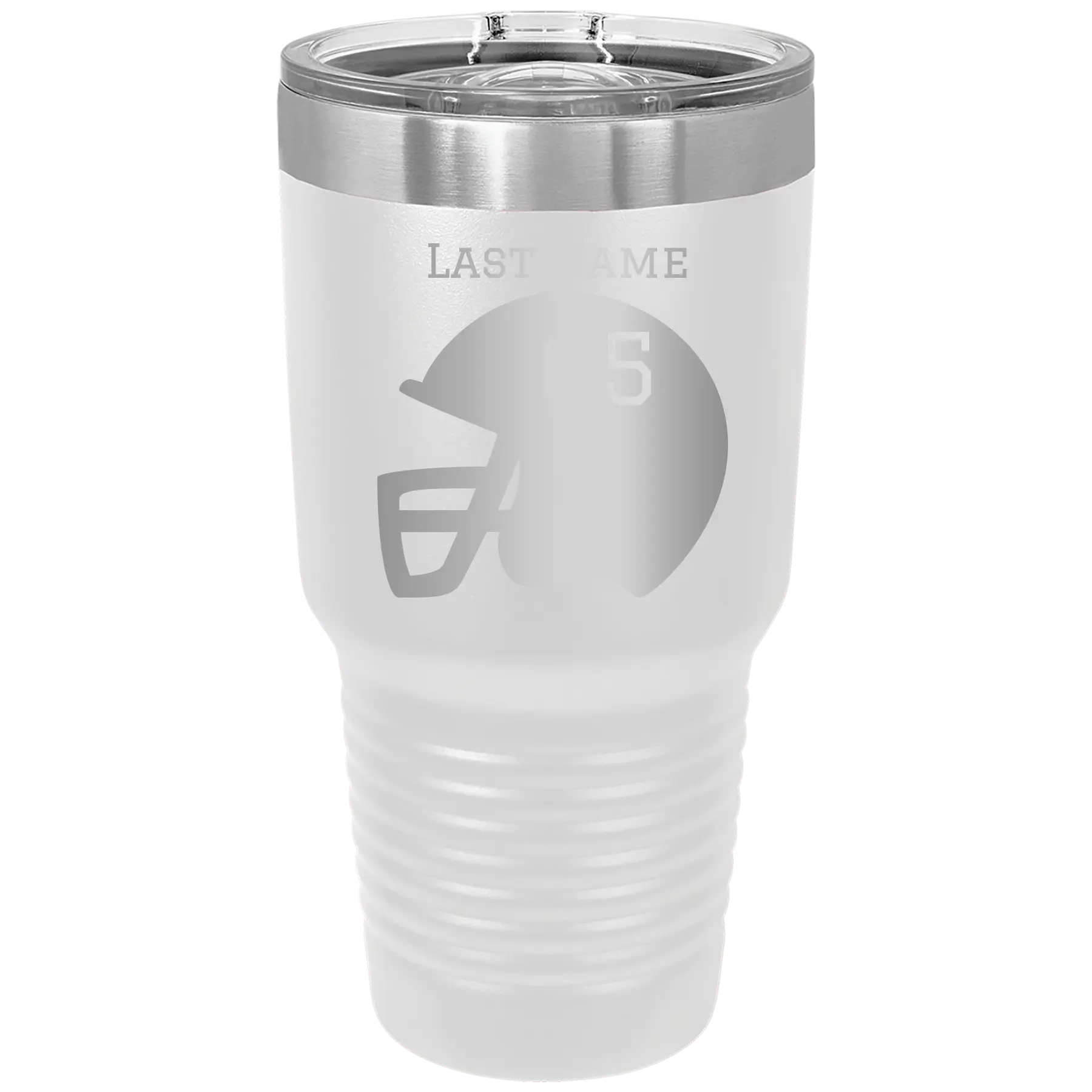 Personalized white 30 oz vacuum insulated tumbler with 'Football Helmet' design
