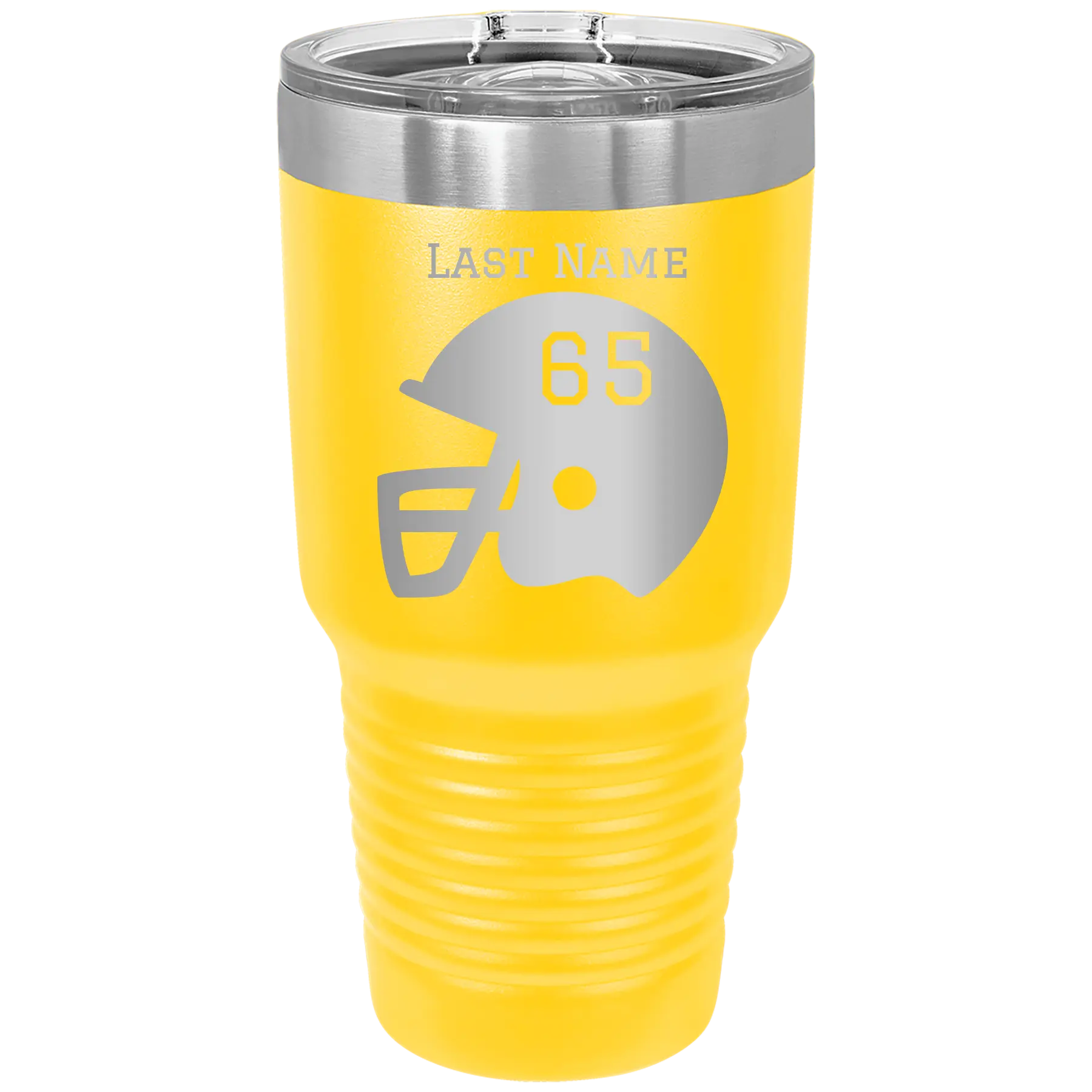 Personalized yellow 30 oz vacuum insulated tumbler with 'Football Helmet' design