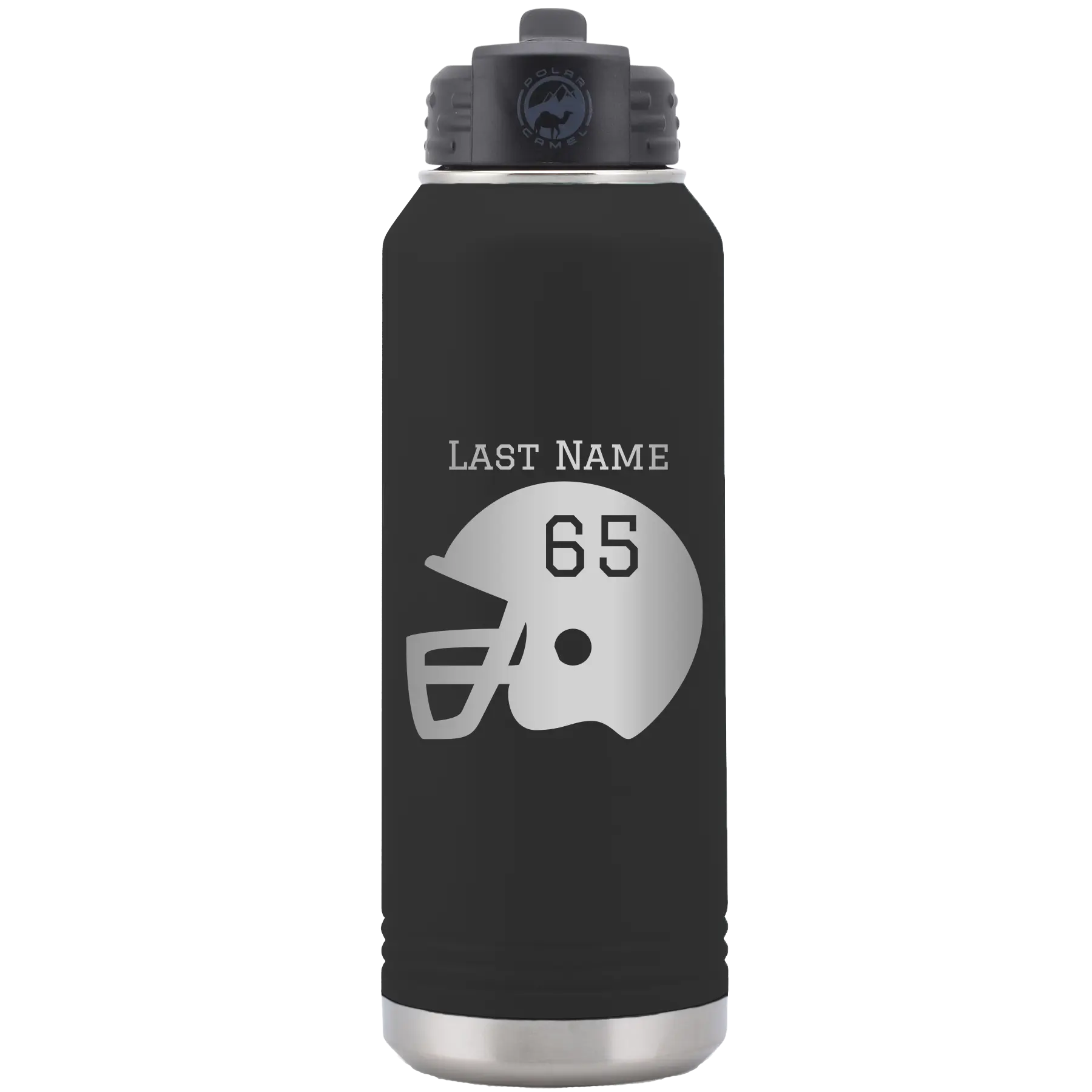 Personalized black 32 oz vacuum insulated water bottle with 'Football Helmet' design