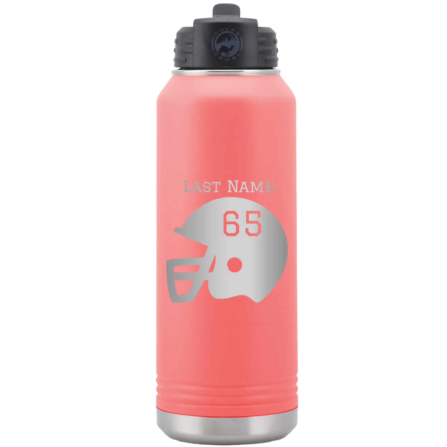 Personalized coral 32 oz vacuum insulated water bottle with 'Football Helmet' design