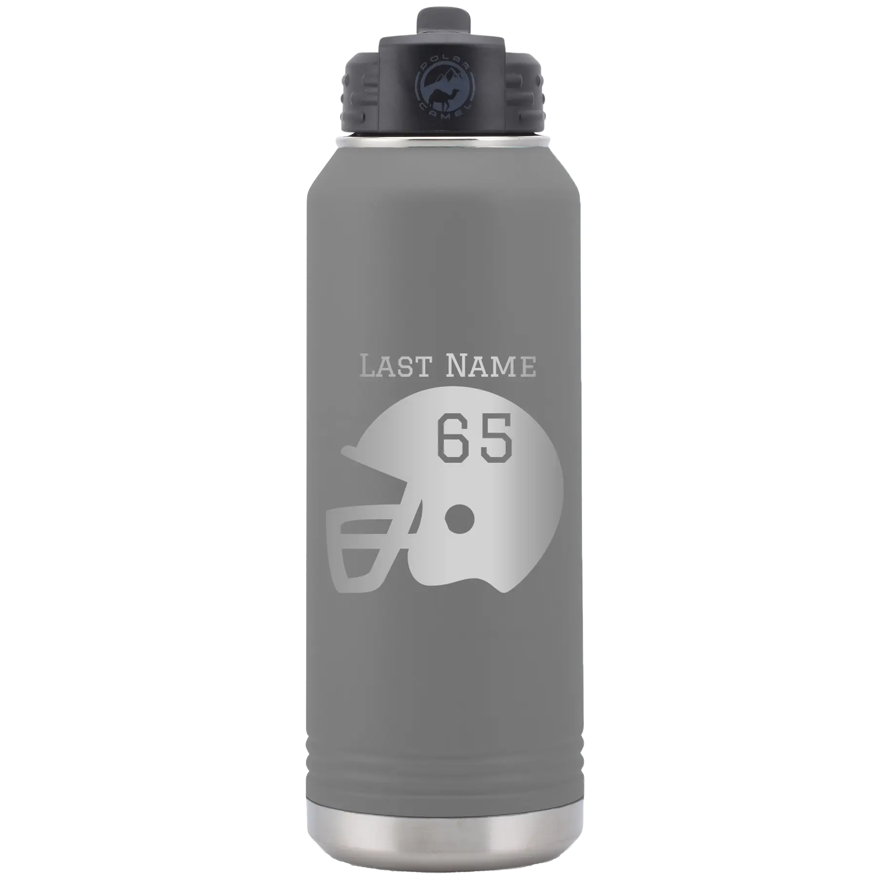 Personalized dark gray 32 oz vacuum insulated water bottle with 'Football Helmet' design