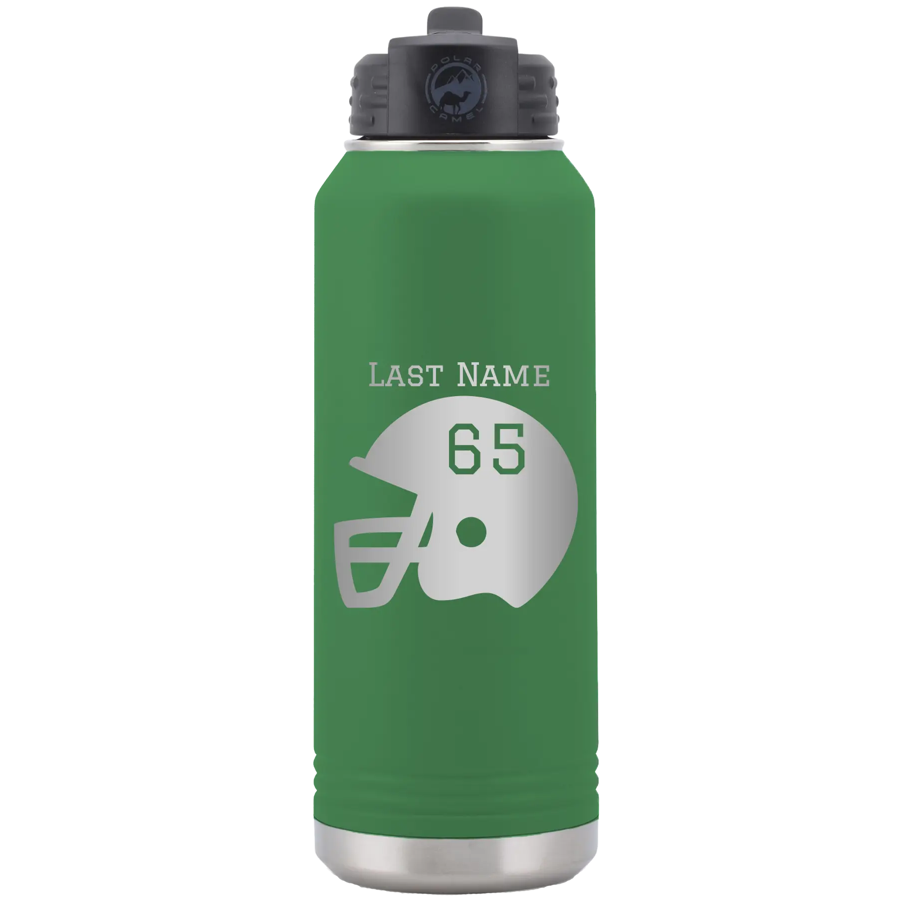 Personalized green 32 oz vacuum insulated water bottle with 'Football Helmet' design