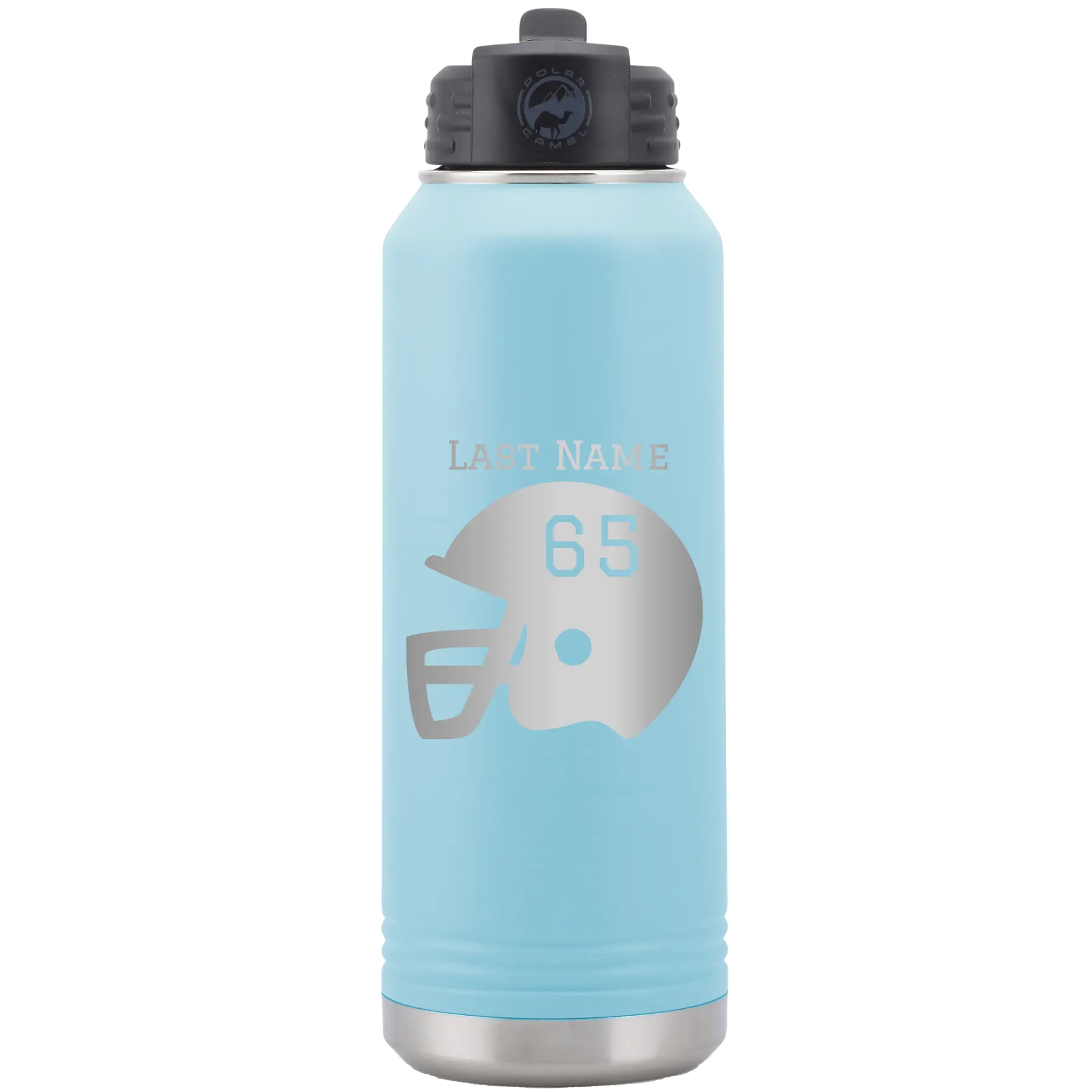 Personalized light blue 32 oz vacuum insulated water bottle with 'Football Helmet' design