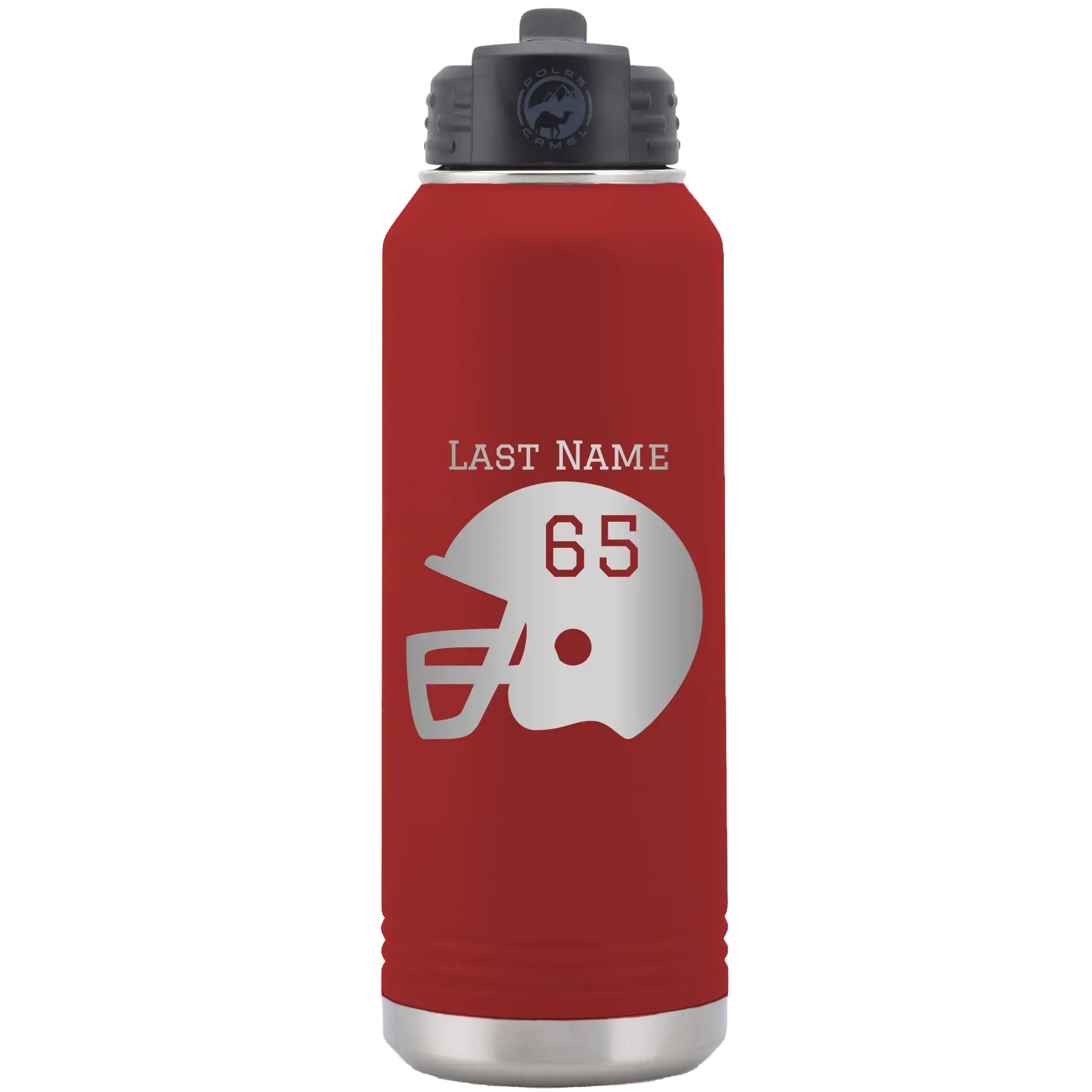 Personalized maroon 32 oz vacuum insulated water bottle with 'Football Helmet' design