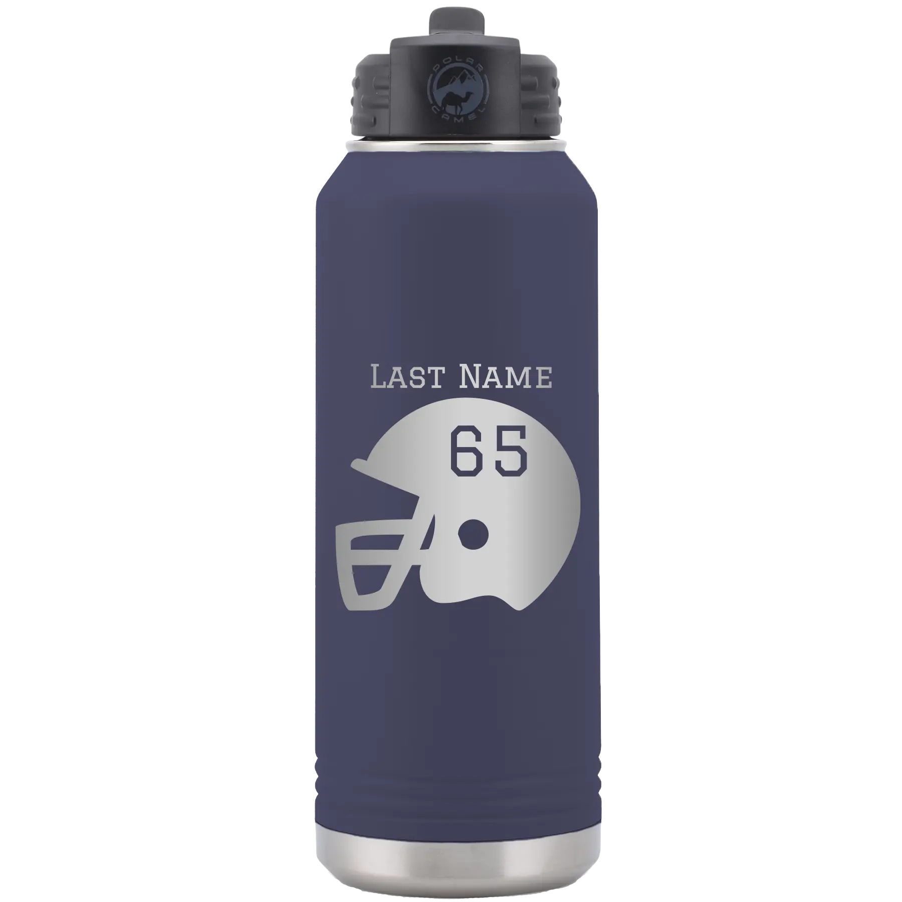 Personalized navy 32 oz vacuum insulated water bottle with 'Football Helmet' design