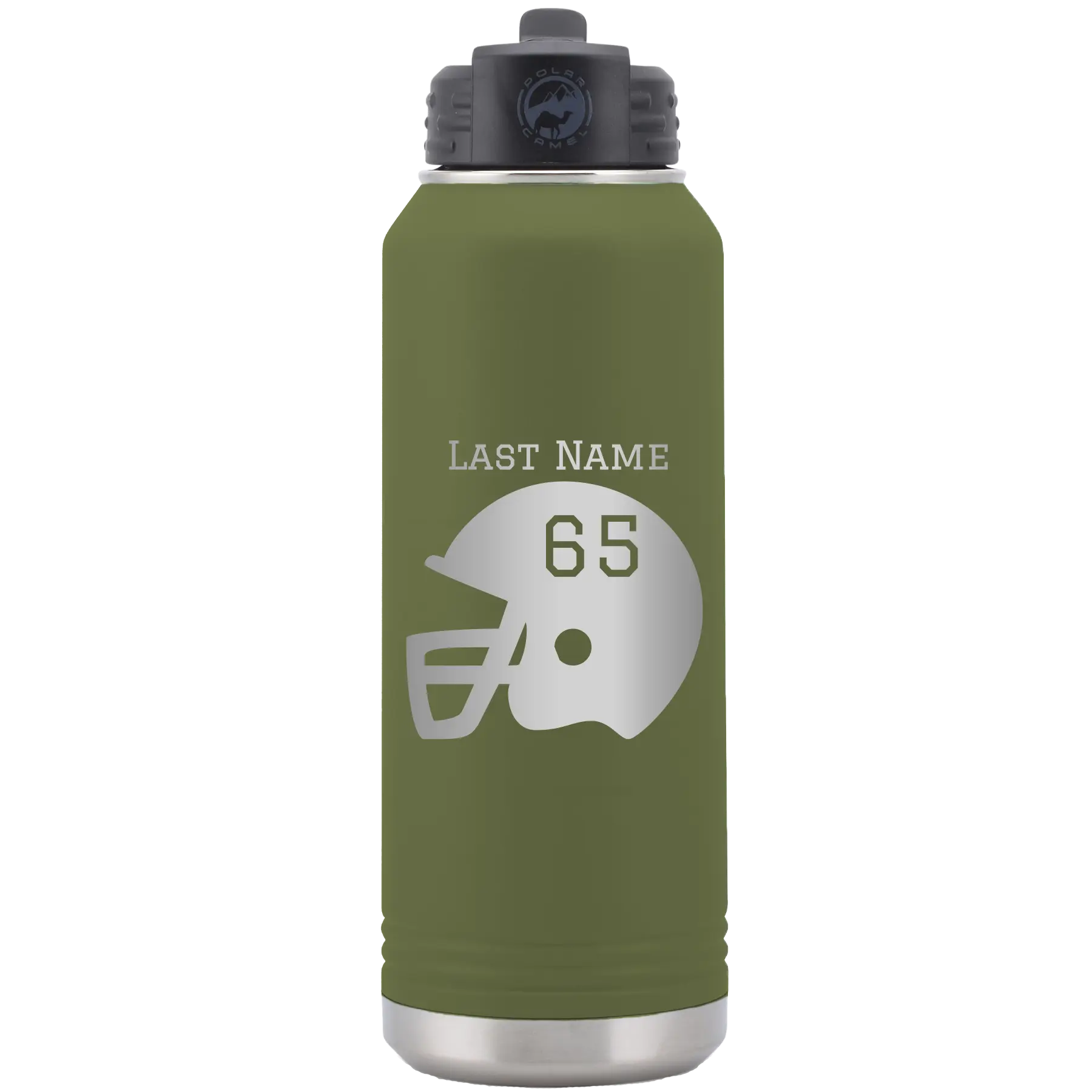 Personalized olive green 32 oz vacuum insulated water bottle with 'Football Helmet' design