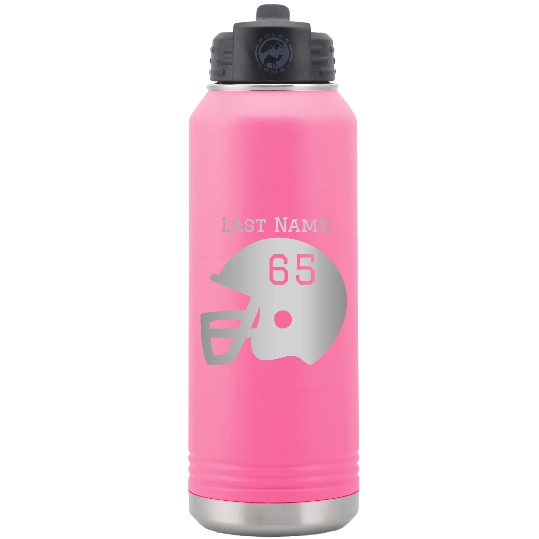 Personalized pink 32 oz vacuum insulated water bottle with 'Football Helmet' design