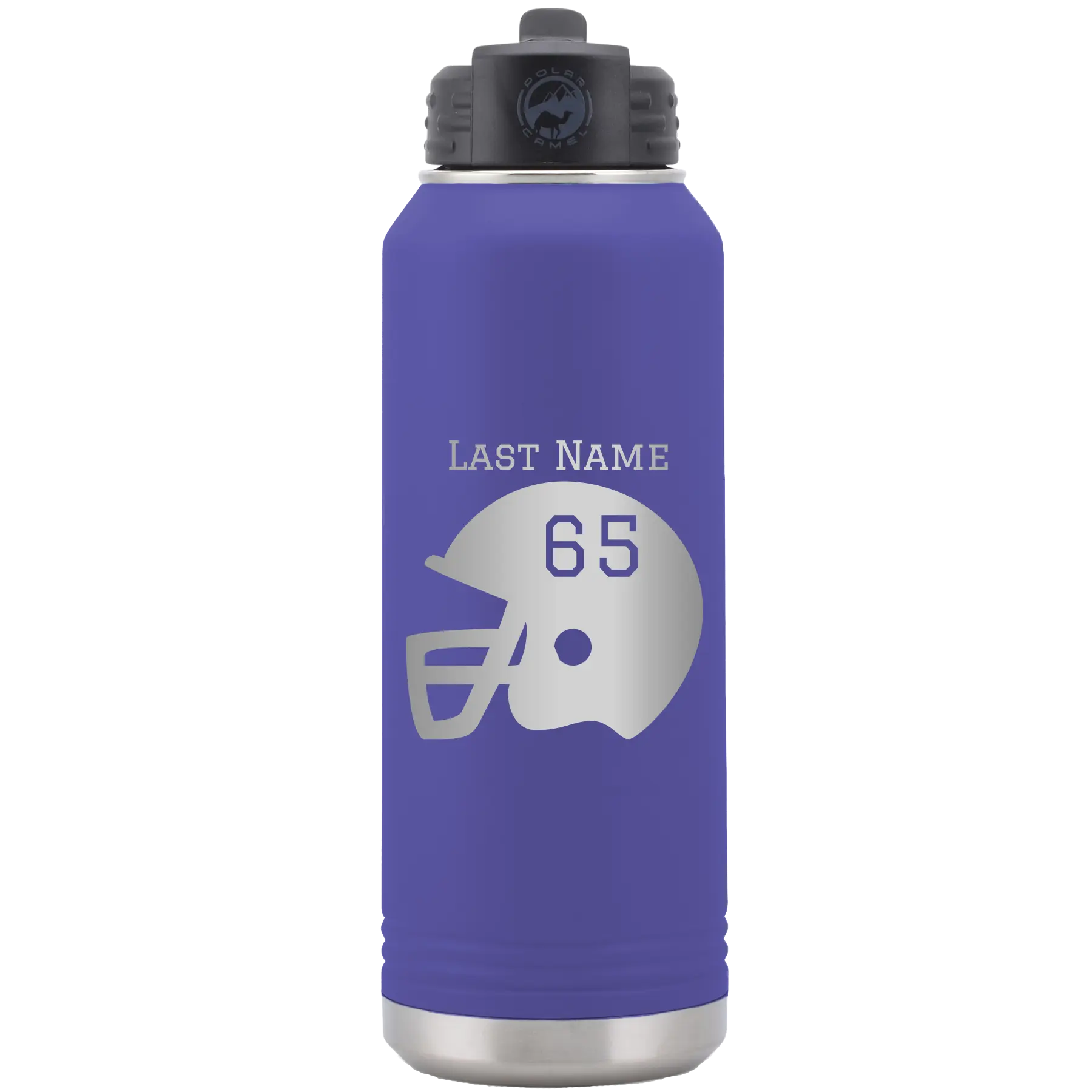 Personalized purple 32 oz vacuum insulated water bottle with 'Football Helmet' design