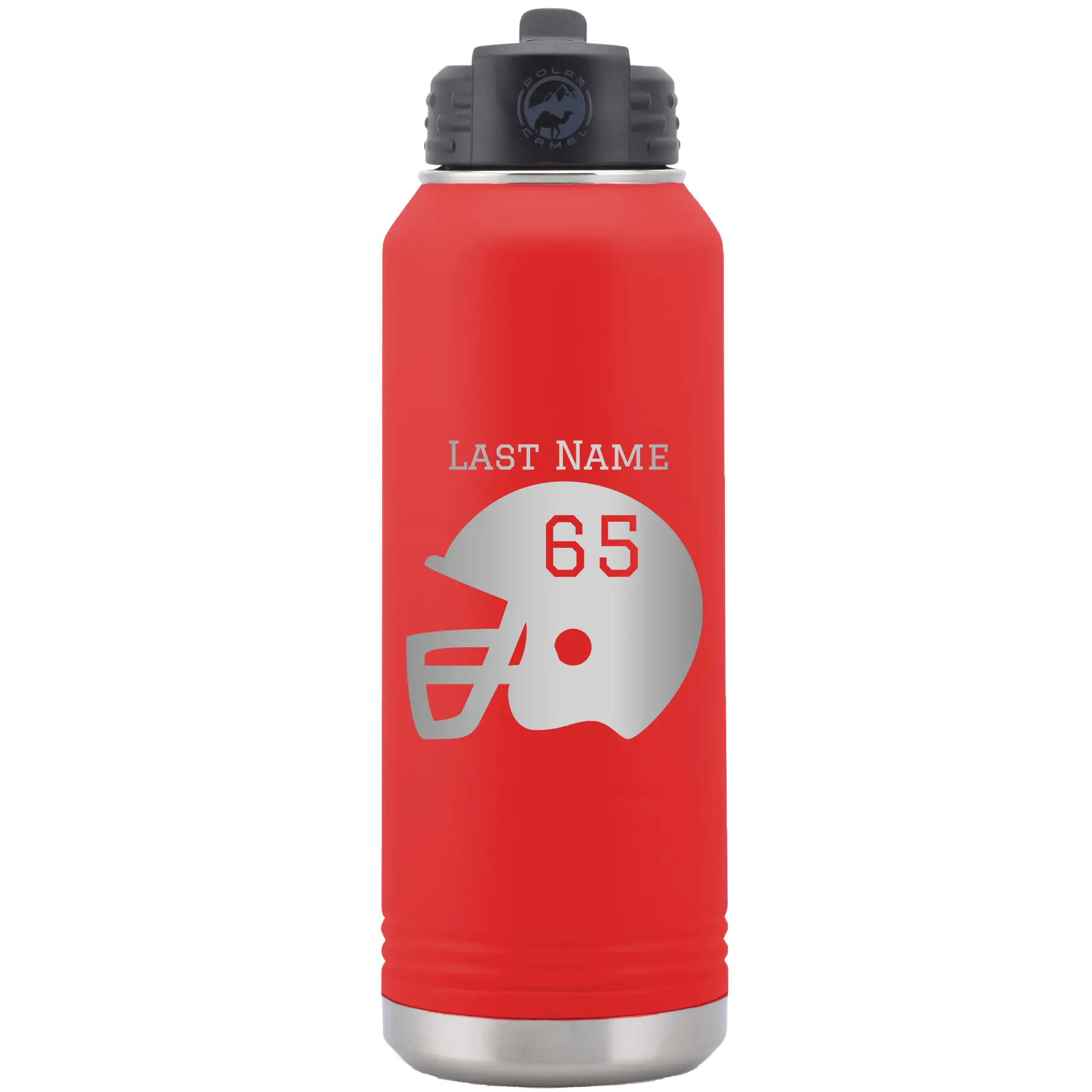 Personalized red 32 oz vacuum insulated water bottle with 'Football Helmet' design