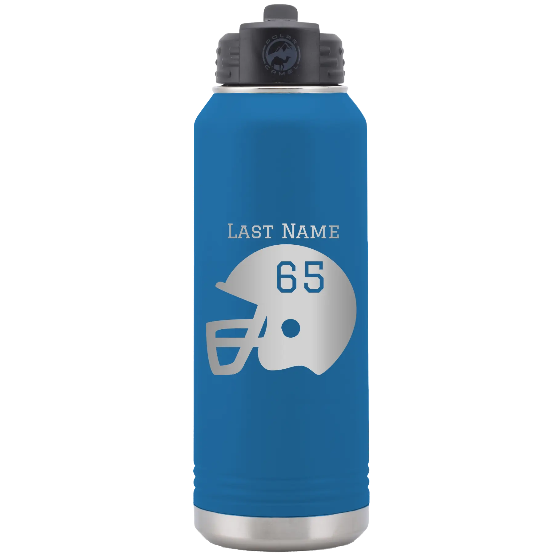 Personalized royal blue 32 oz vacuum insulated water bottle with 'Football Helmet' design