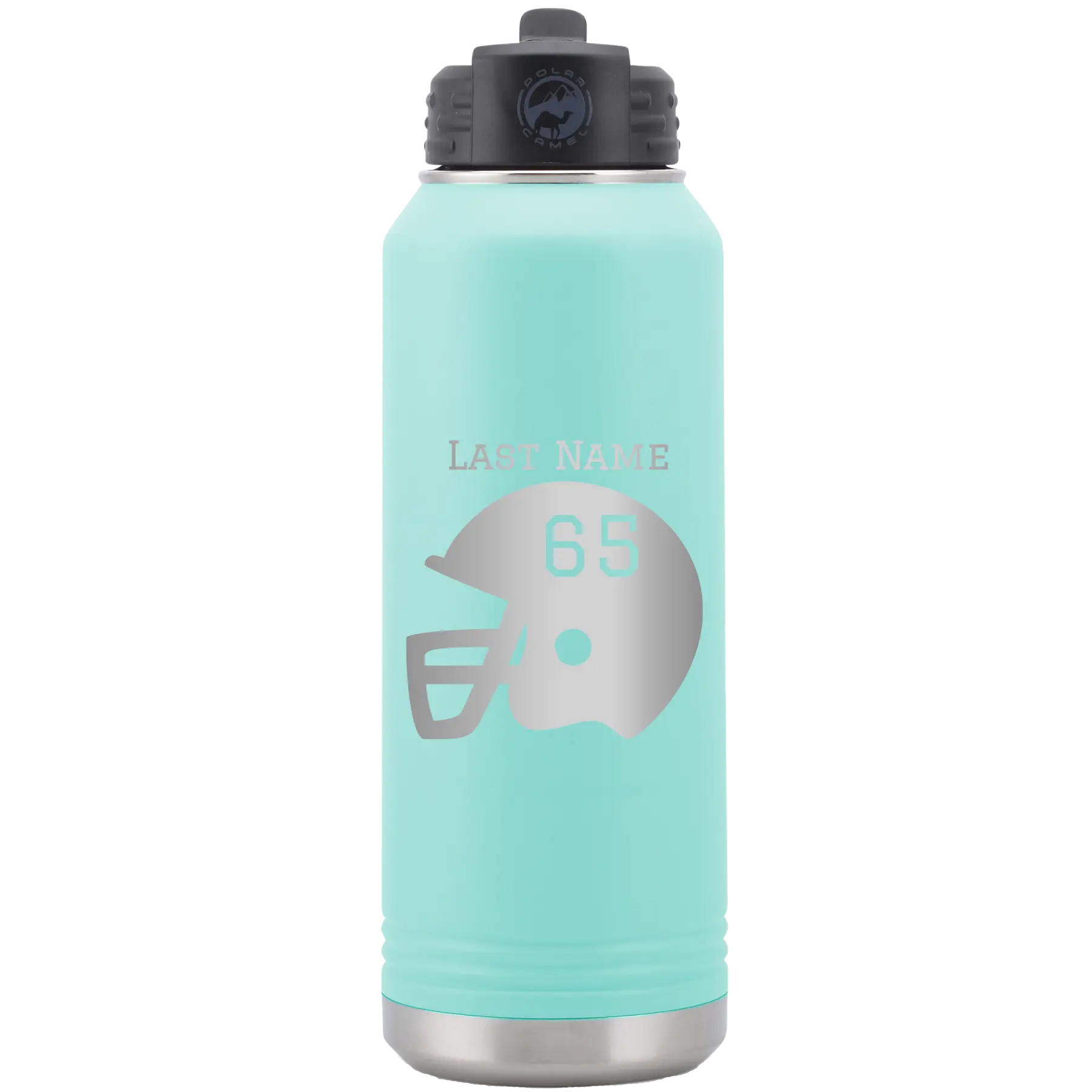 Personalized teal 32 oz vacuum insulated water bottle with 'Football Helmet' design