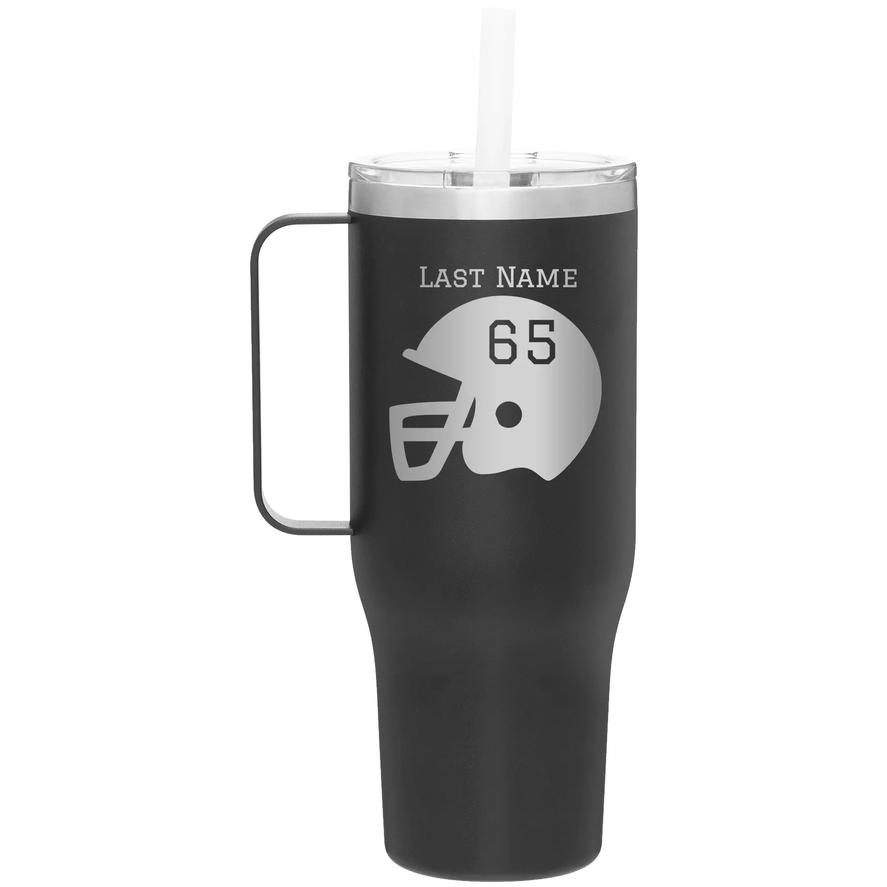 Personalized black 40 oz vacuum insulated tumbler mug with 'Football Helmet' design