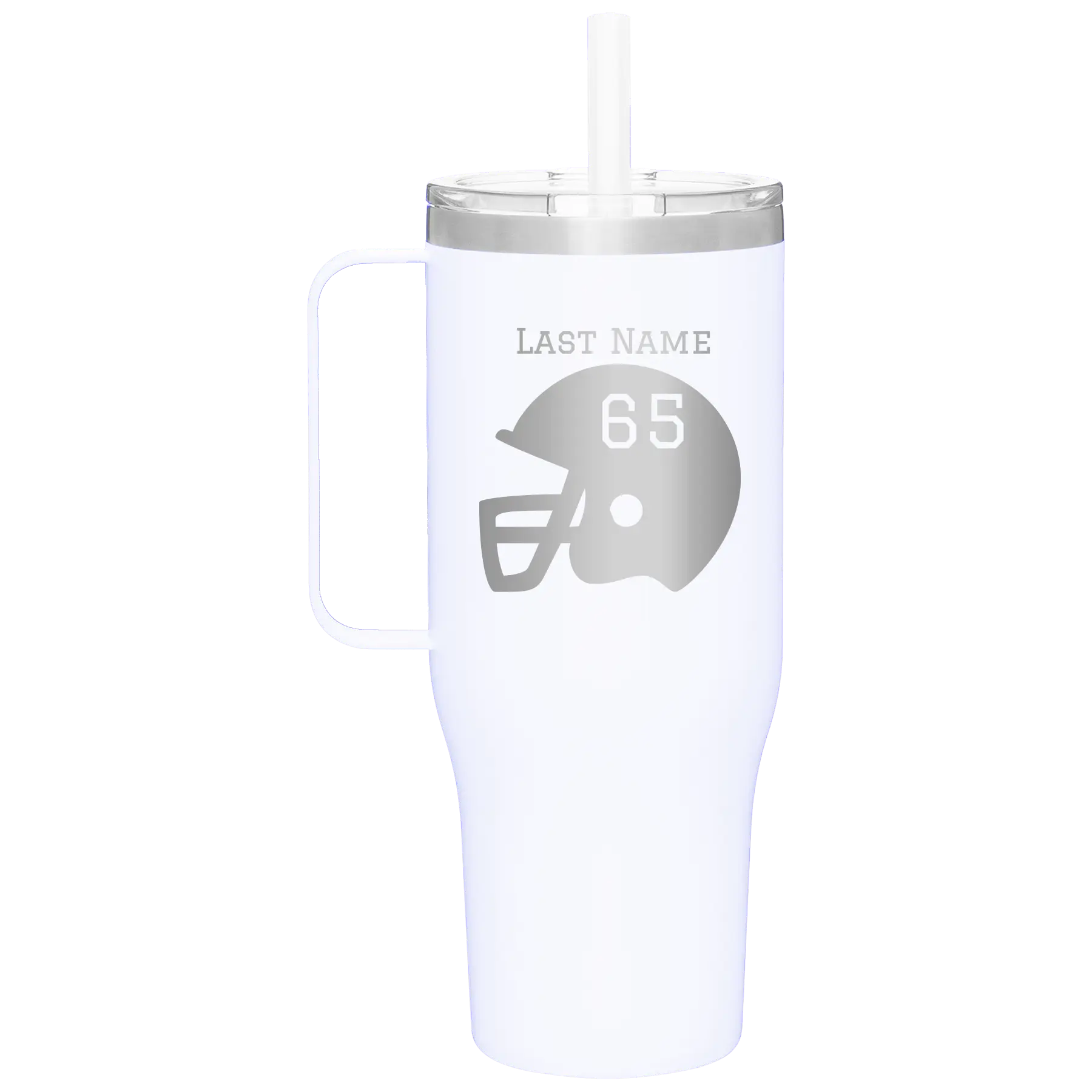 Personalized white 40 oz vacuum insulated tumbler mug with 'Football Helmet' design