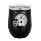 Personalized black 12 oz vacuum insulated wine cup with 'Football Helmet' design